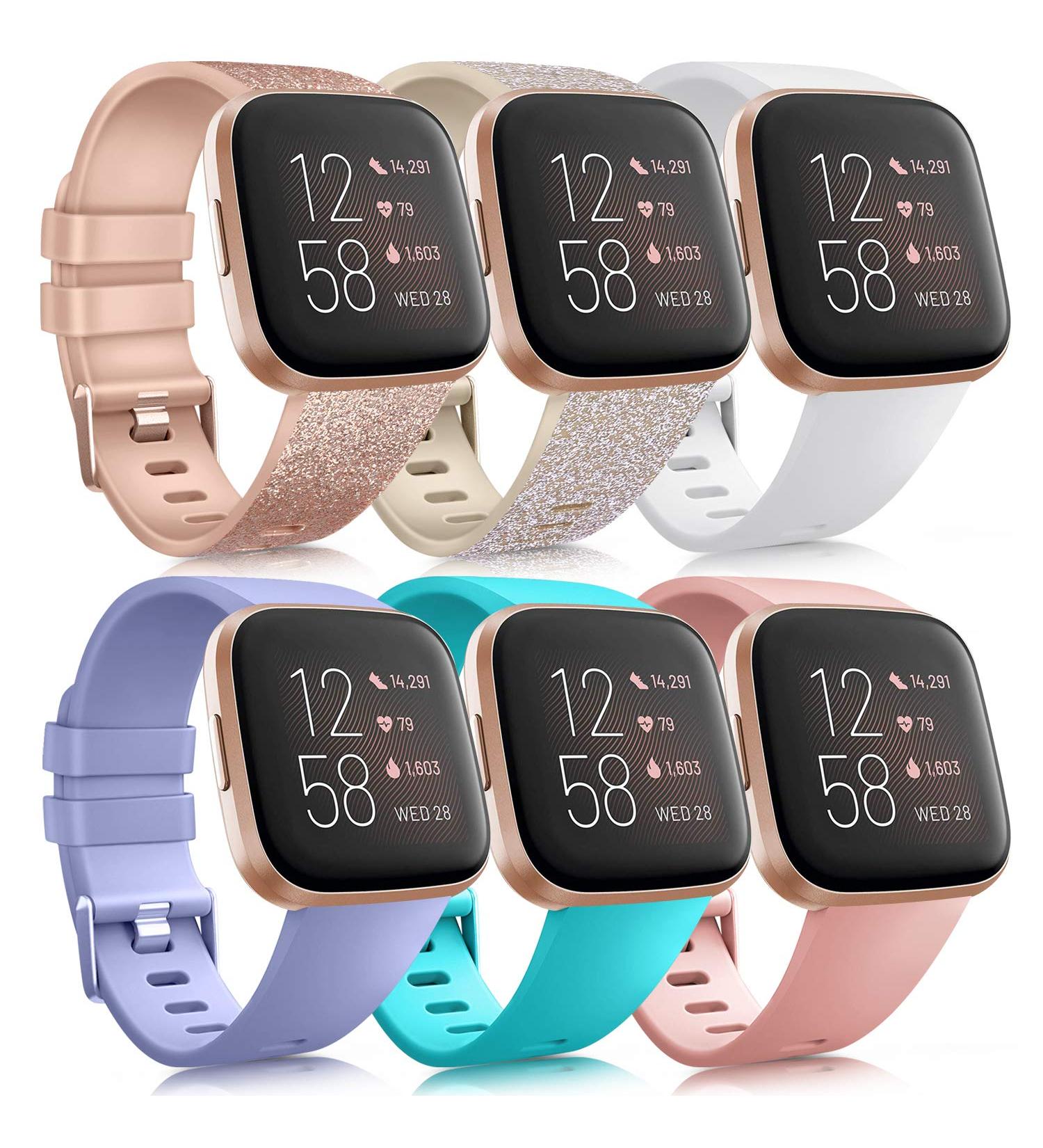 6 Pack Sport Bands Compatible with Fitbit Versa 2 / Fitbit Versa / Versa Lite / Versa SE  Classic Soft Silicone Replacement Wristbands for Fitbit Versa Smart Watch Women Men (6 Pack B  Small) Small Glistening Rose Gold/Glistening Champagne Gold/White/Lave - Buy Online on GoSupps.com