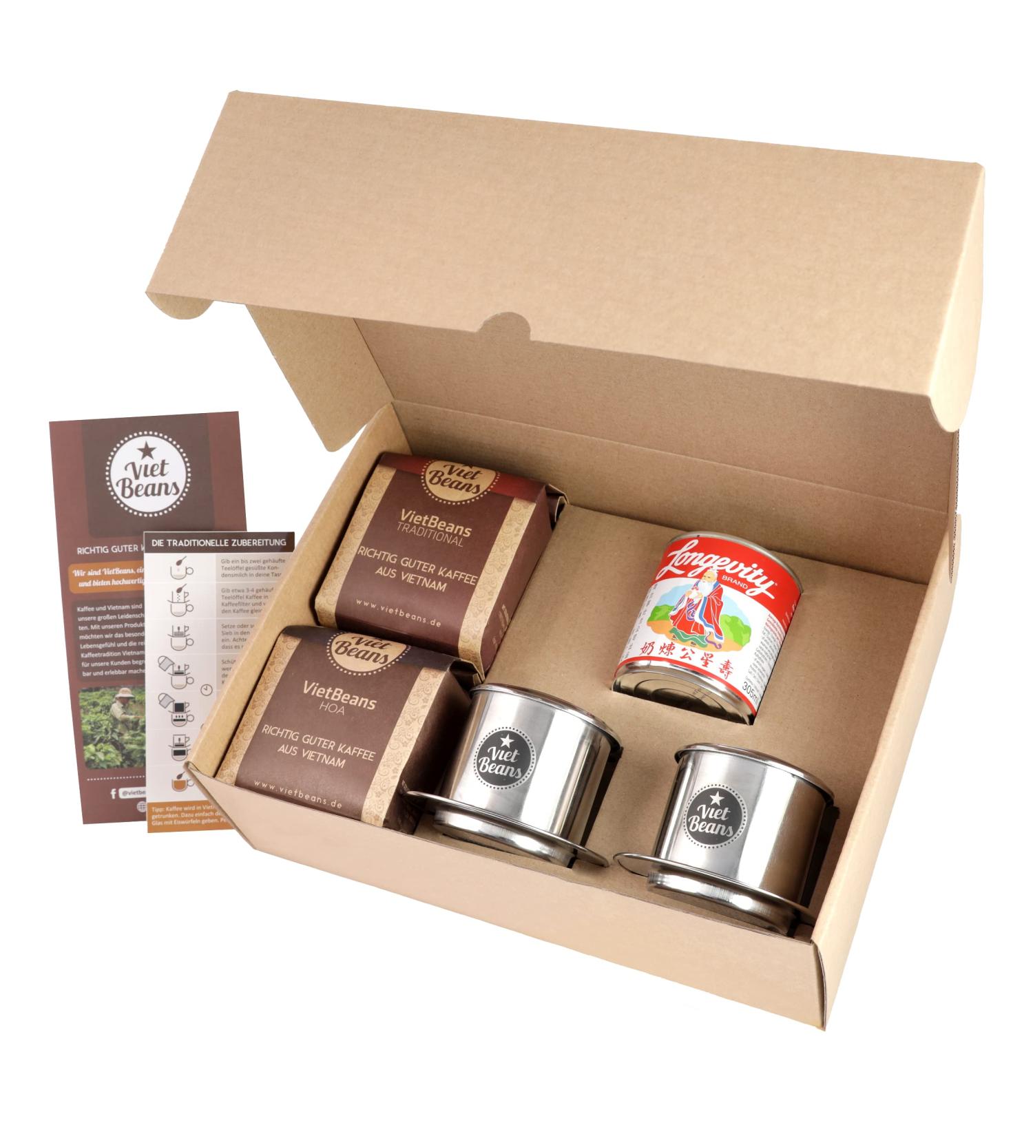 Vietbeans Vietnamese Coffee Starter Set - Breakfast for Two: 2x250g Ground Roasted Coffee 2 Stainless Steel Filters & Signed Condensed Milk - Buy Online on GoSupps.com