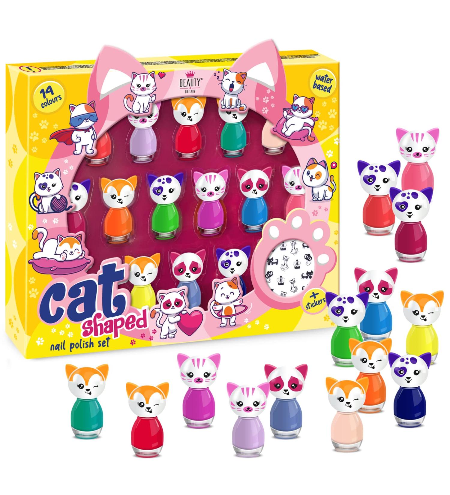 Cat Shaped Water-Based Nail Polish Set beauty4britain 14 Colours Quick Dry Peel Off Cat Nail Stickers Included Display Gift Box - Buy Online on GoSupps.com