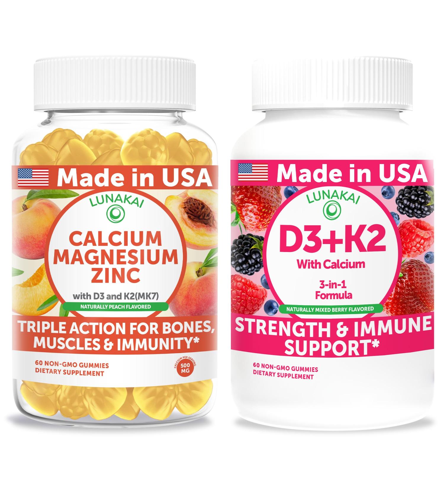 Lunakai USA Made Calcium Magnesium Zinc + D3 + K2 Gummies Bundle Naturally Flavored Non-GMO 60ct Each - Buy Online on GoSupps.com