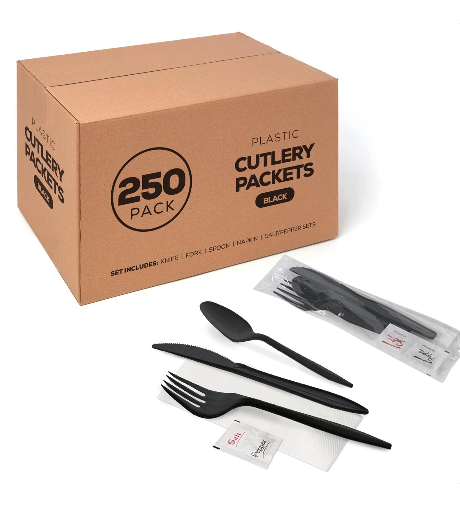 250 Plastic Cutlery Packets - Knife Fork Spoon Napkin Salt Pepper Sets | Black Plastic Silverware Sets Individually Wrapped Cutlery Kits  Plastic Utensil Cutlery Set Disposable Bulk To Go Silverware - Buy Online on GoSupps.com