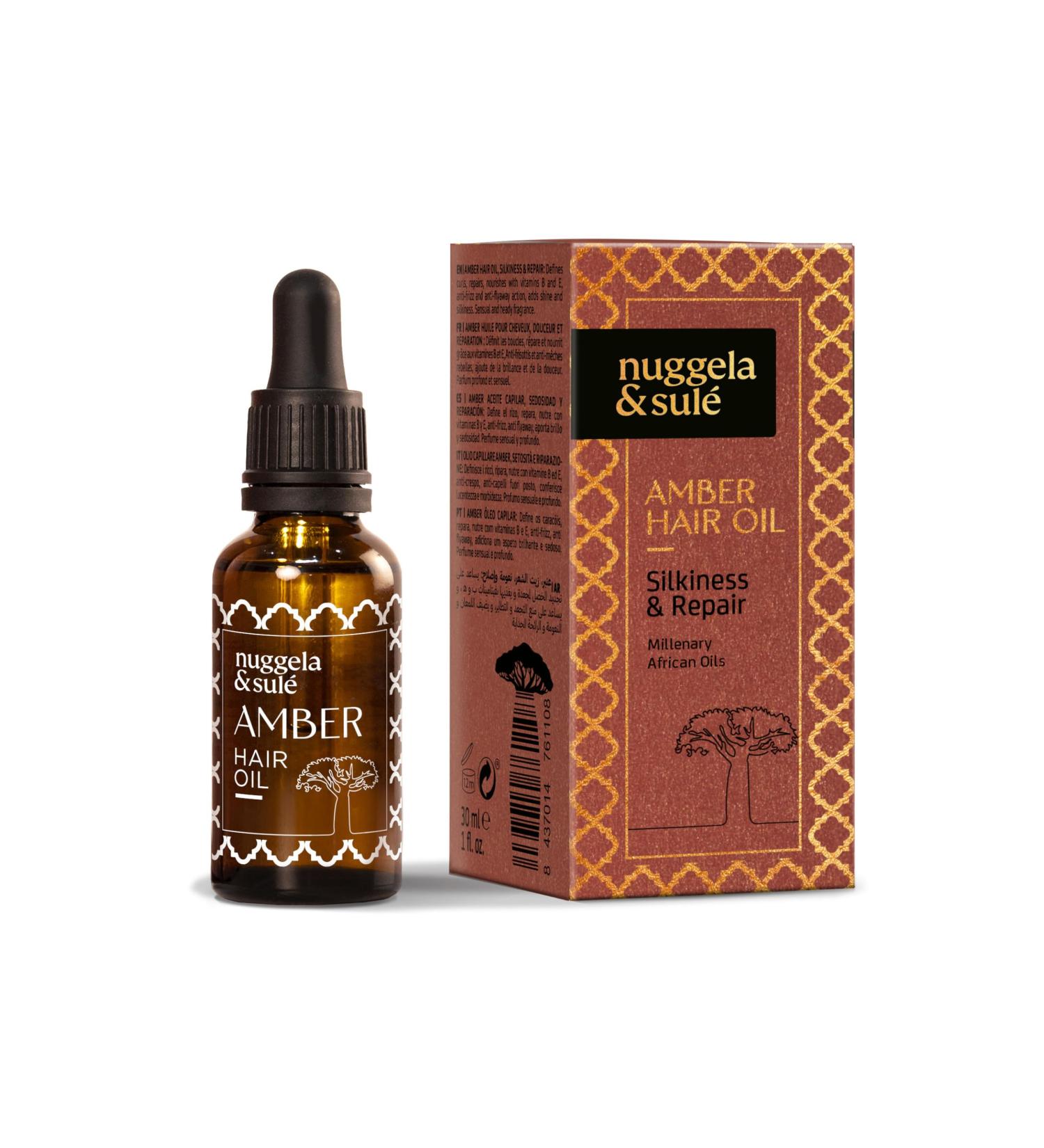 Nuggela & Sul AMBER Hair Oil. Silky & Repairing. Combination of 5 oils from the African continent to transform hair. With Baobab Oil and Shea Butter. 1 x 30 ml - Buy Online on GoSupps.com