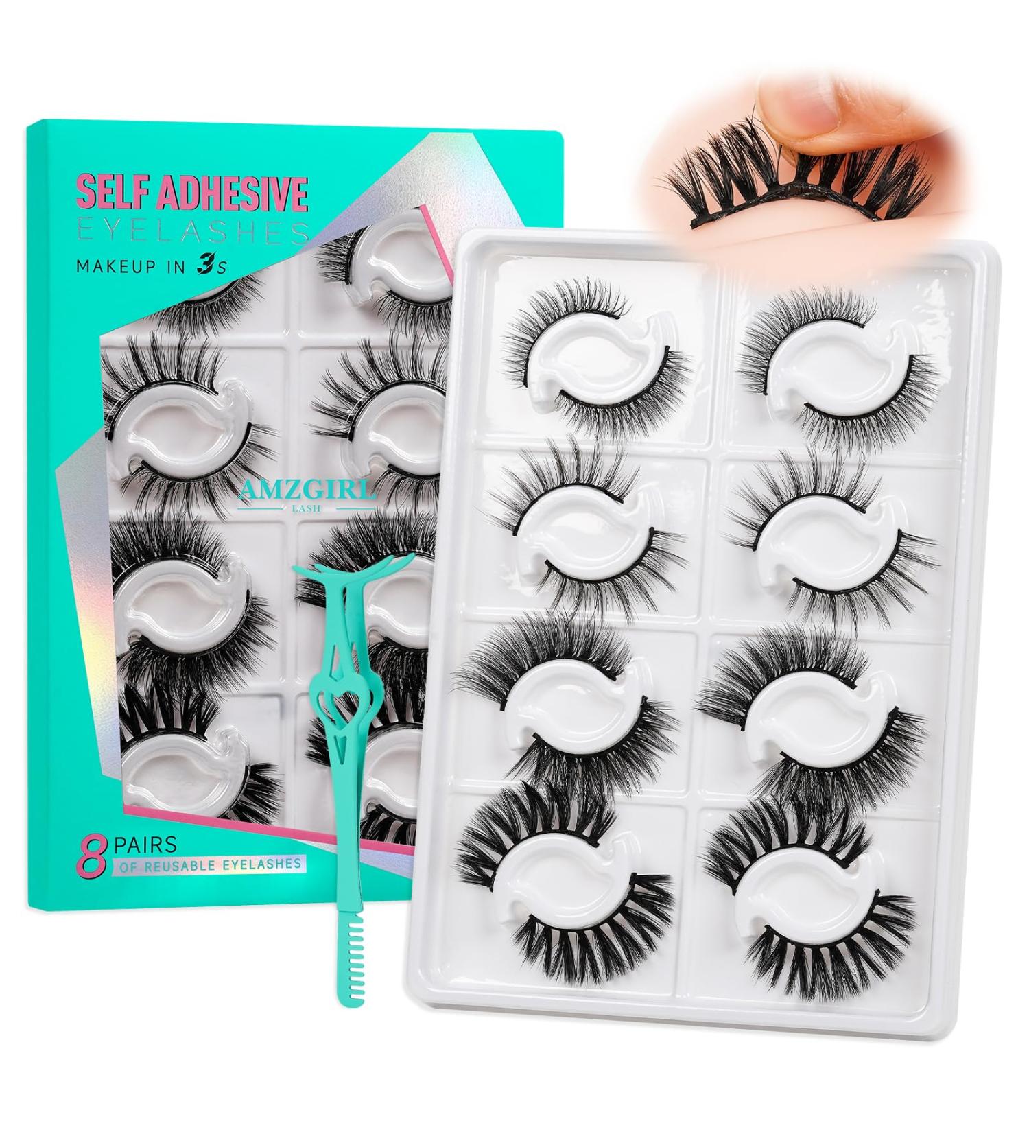 Self Adhesive Eyelashes | No Glue Needed | 8 Pairs Reusable Waterproof Wispy Lash Clusters with Tweezer | AMZGlRL | 4 Styles (8-17mm - Buy Online on GoSupps.com