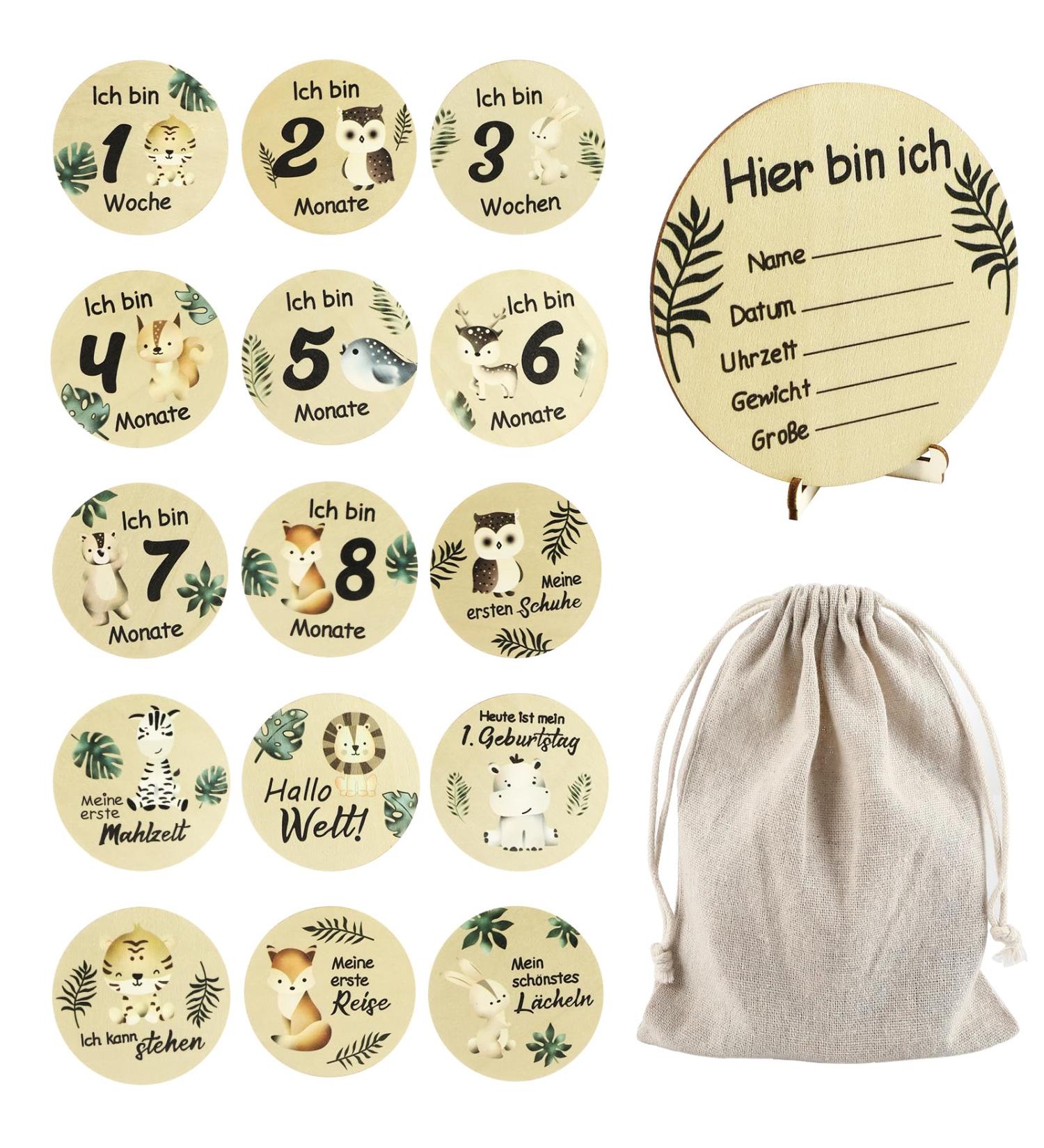 Wood Milestone Cards for Babies - 15pc Set with Fabric Bags | 30 Unique Wooden Slice Patterns | Perfect Baby Gift & Baptism Present | Ideal for Expecting Mothers - Buy Online on GoSupps.com