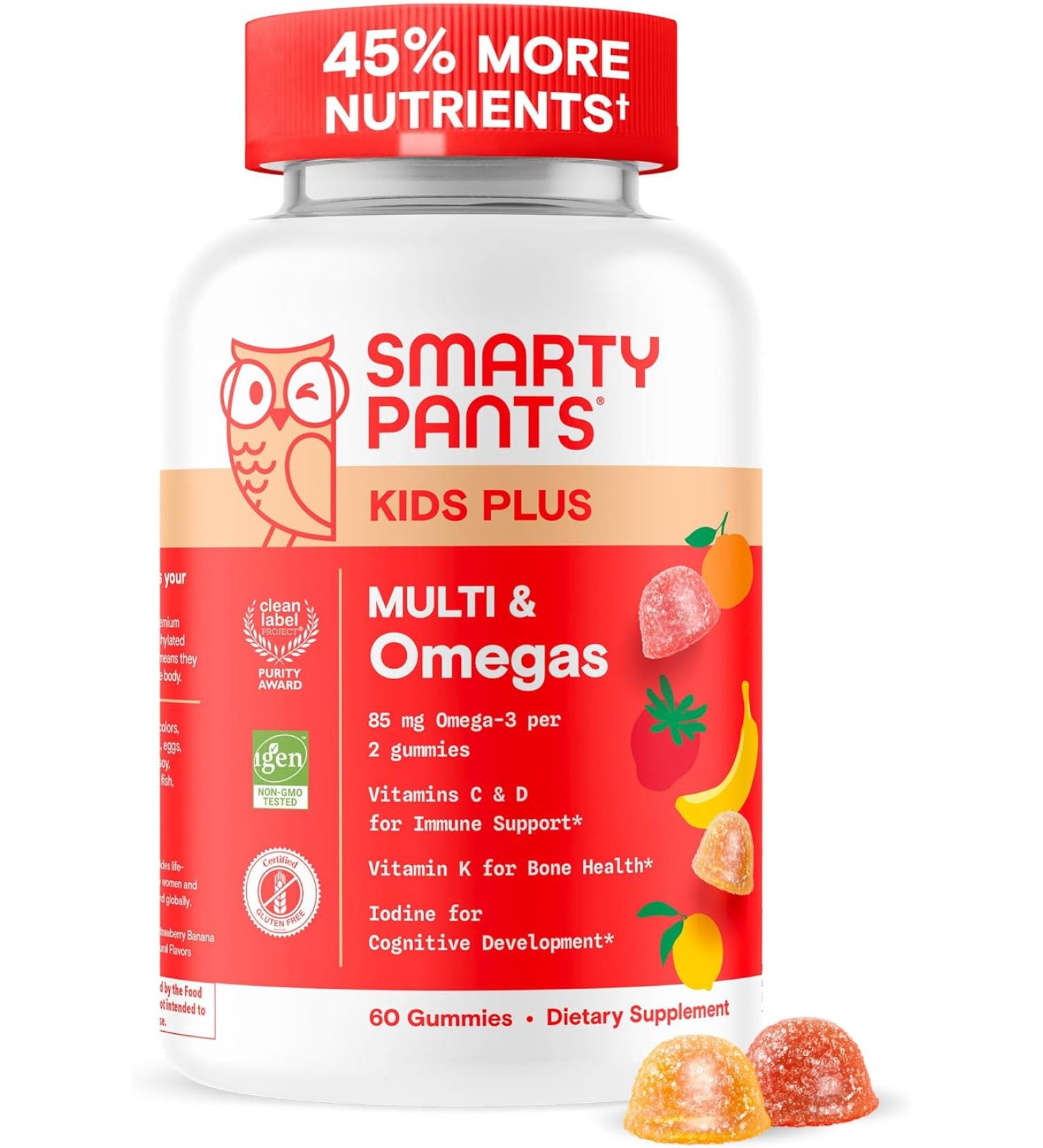 Smarty Pants Kids Multivitamin Gummies Improved Formula Omega 3 DHA/EPA Vitamins D3 C B12 B6 Vitamin A K & Zinc Gluten Free 60 Gummies - Three Fruit - Buy Online on GoSupps.com