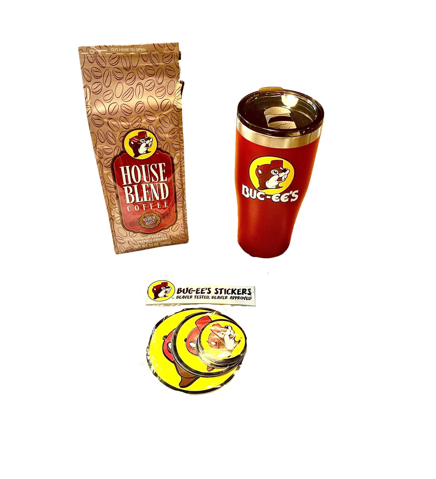 Buc-ee s Coffee Lover s Bundle: 1 Buc-ee s Ground House Blend Coffee (12 oz. bag) + 1 20 oz. Buc-ee s Tumbler + 12 Buc-ee s Peel and Stick Decals - Buy Online on GoSupps.com