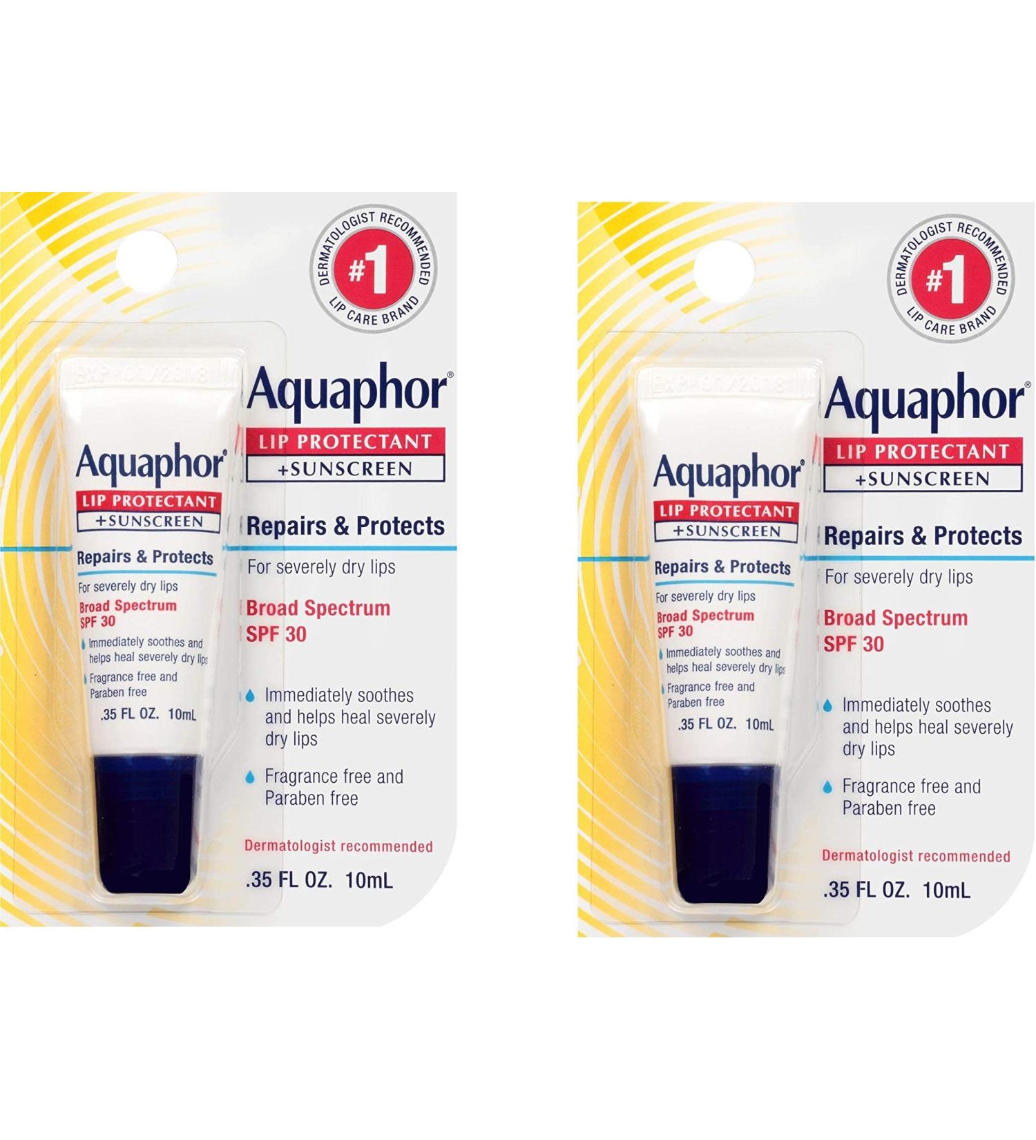 Aquaphor Lip Protectant and Sunscreen Ointment - Broad Spectrum SPF 30 - Relieves Chapped Lips.35 fl. Oz. Tube 2 Pack