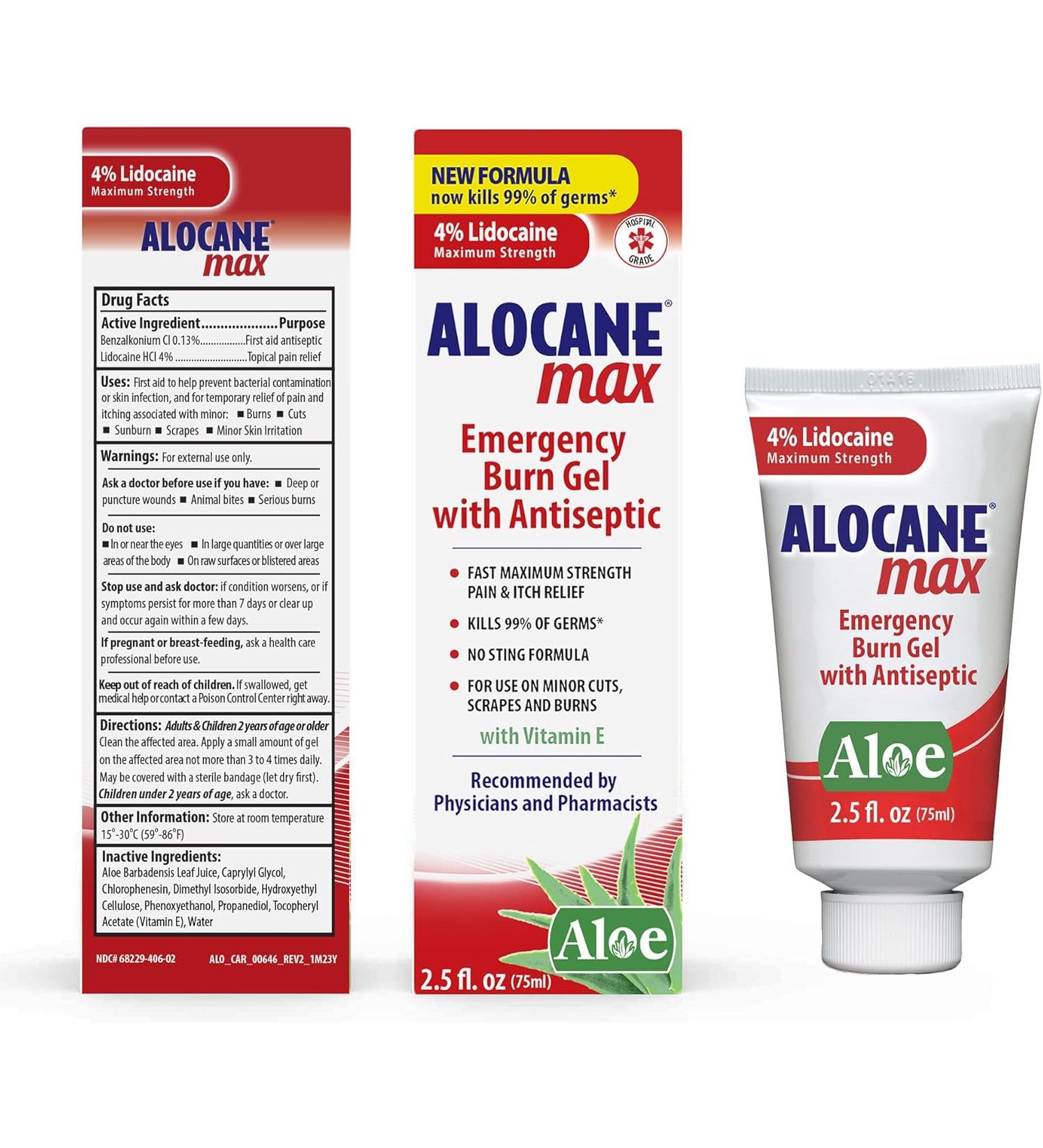 Alocane Emergency Burn Gel - 4% Lidocaine Maximum Strength for Fast Pain Relief - 2.5 Fl Oz - First Aid Treatment for Minor Burns, Sunburn, Kitchen, Radiation, Chemical Burns - Buy Online on GoSupps.com
