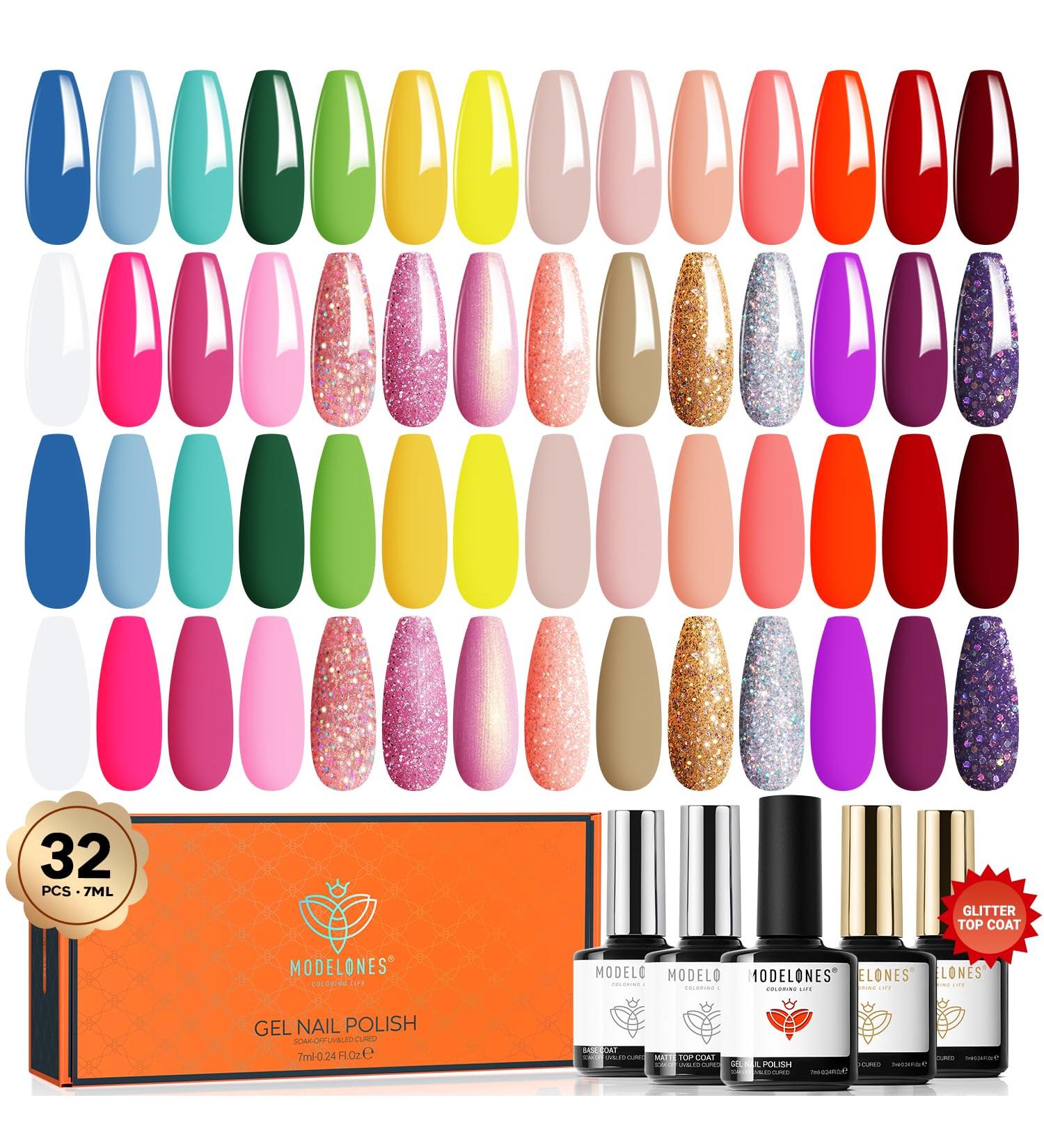 Modelones 32Pcs Gel Nail Polish Set 28 Colors Summer Neon Gel Polish with Glossy& Matte Gel Top Coat No Wipe Base Coat Nail Primer Glitter Pink Shimmer Colors Nail Polish Gift DIY Home - Buy Online on GoSupps.com