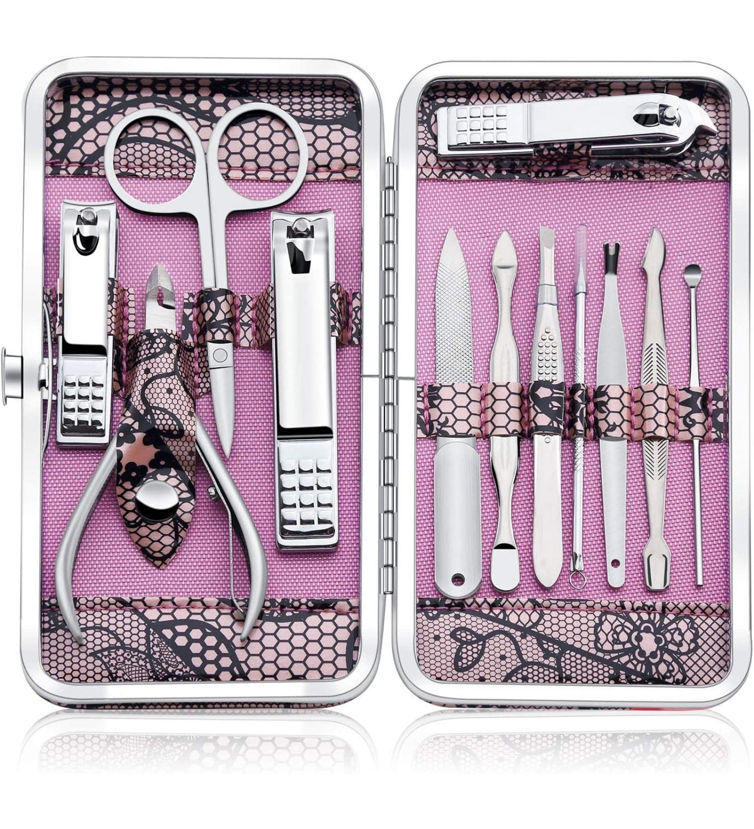 Professional Manicure Set - 12-Piece Stainless Steel Nail Clipper & Pedicure Kit | Travel Grooming Tools (Pink) - International Shipping Available - Buy Online on GoSupps.com