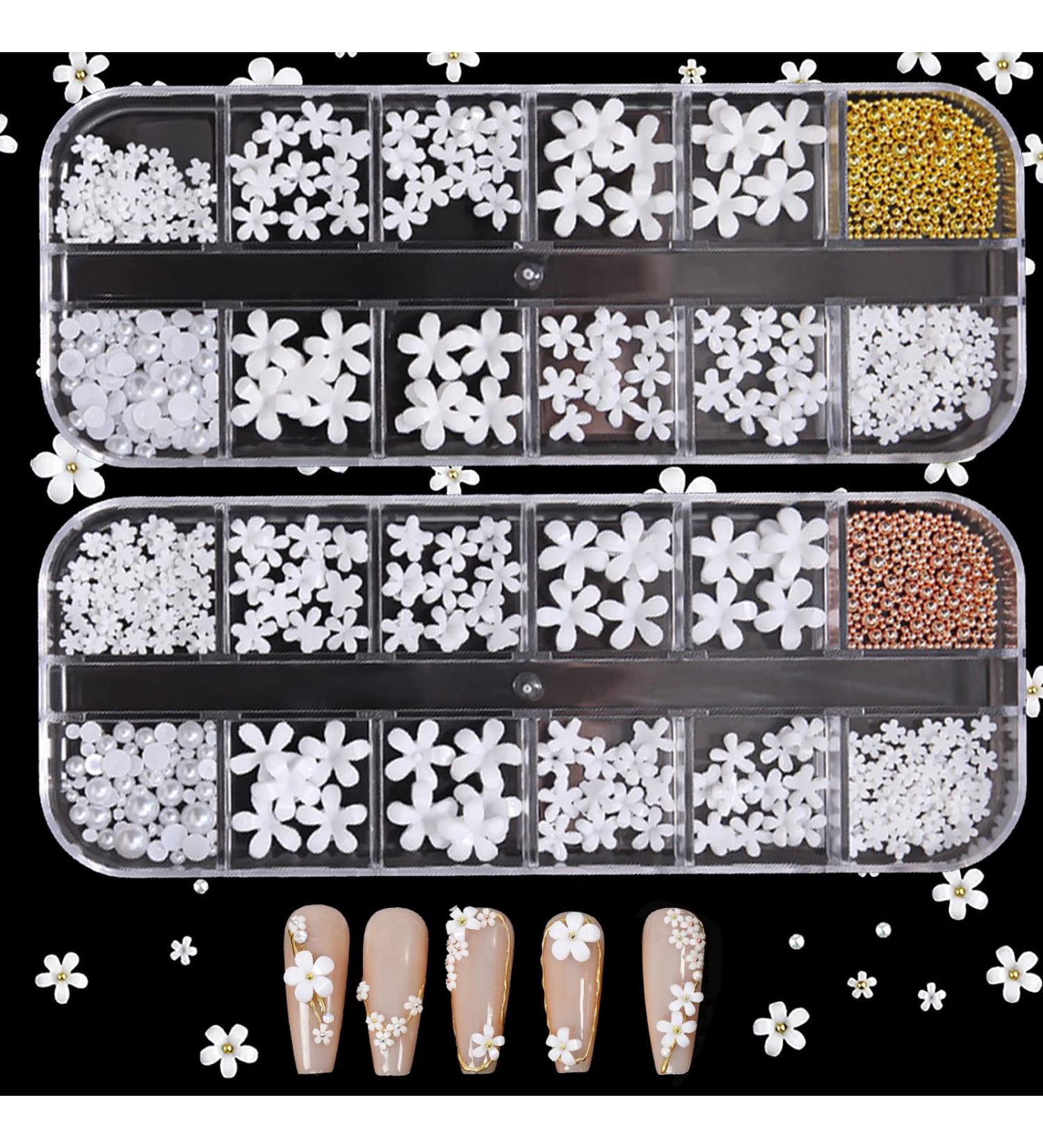 3D White Nail Flowers- 2 Set Acrylic Charms with Pearls, Caviar Beads, and Resin Decals for Women & Girls Nail Art - Buy Online on GoSupps.com
