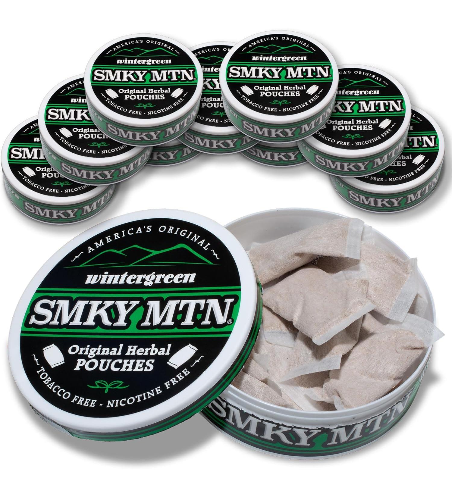 Smokey Mountain Wintergreen Pouches - Tobacco & Nicotine Free - 10 Can Box (15 Pouches Per Can) - Buy Online on GoSupps.com
