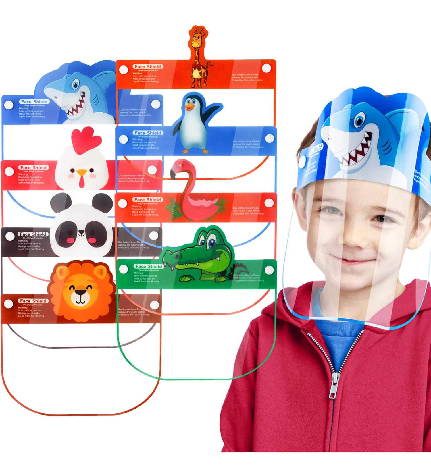 8-Pack Kids' Safety Face Shields - Full Protection Clear Vision Coverings - Reusable Lightweight Design - Cartoon Animals - Boys Girls - Comfortable Fit - Buy Online on GoSupps.com