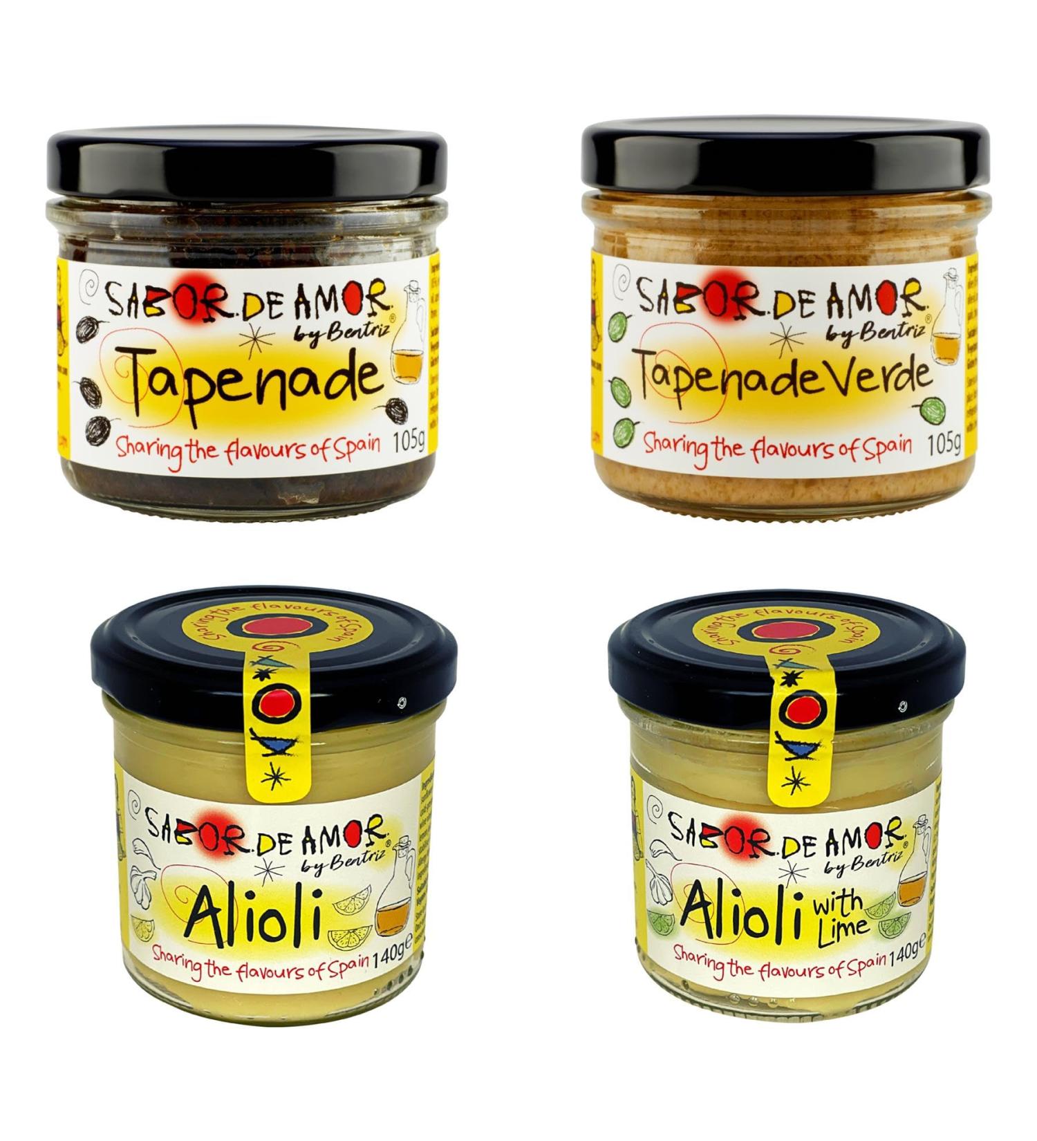 Sabor De Amor By Beatriz Pick N Mix - Choose From Jar with 4 Flavours | Alioli Alioli-with Lime Tapenade Tapenade-Verde | Black & Green Olives-Tapenade Naturally Vegan | Pack of 2 - Buy Online on GoSupps.com