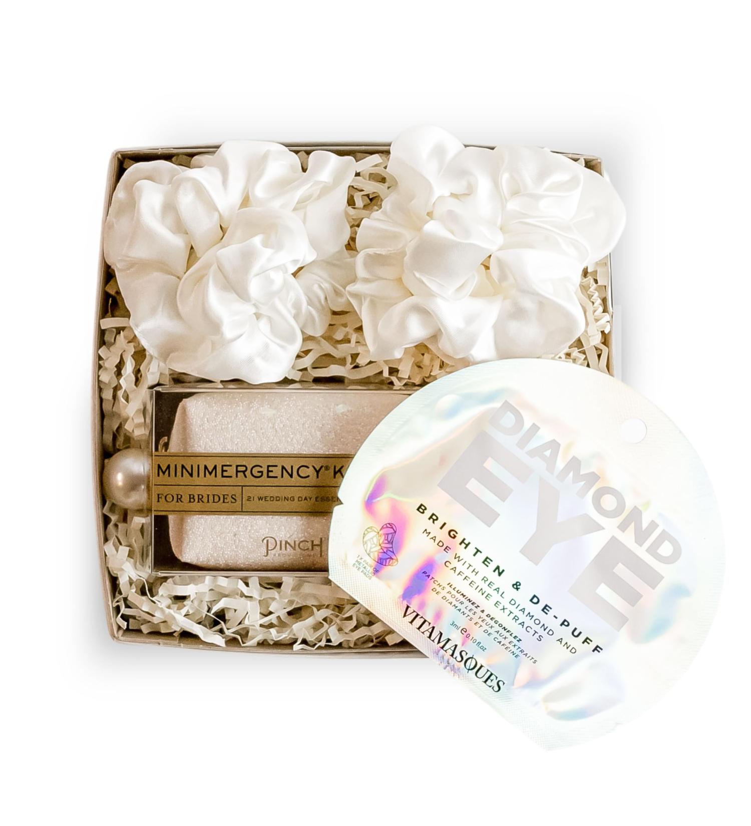 Bride Gift Box | Bride to Be Set for Bridal Shower Bachelorette & Engagement | Silk Hair Scrunchies Diamond Eye Mask & Emergency Kit - Buy Online on GoSupps.com