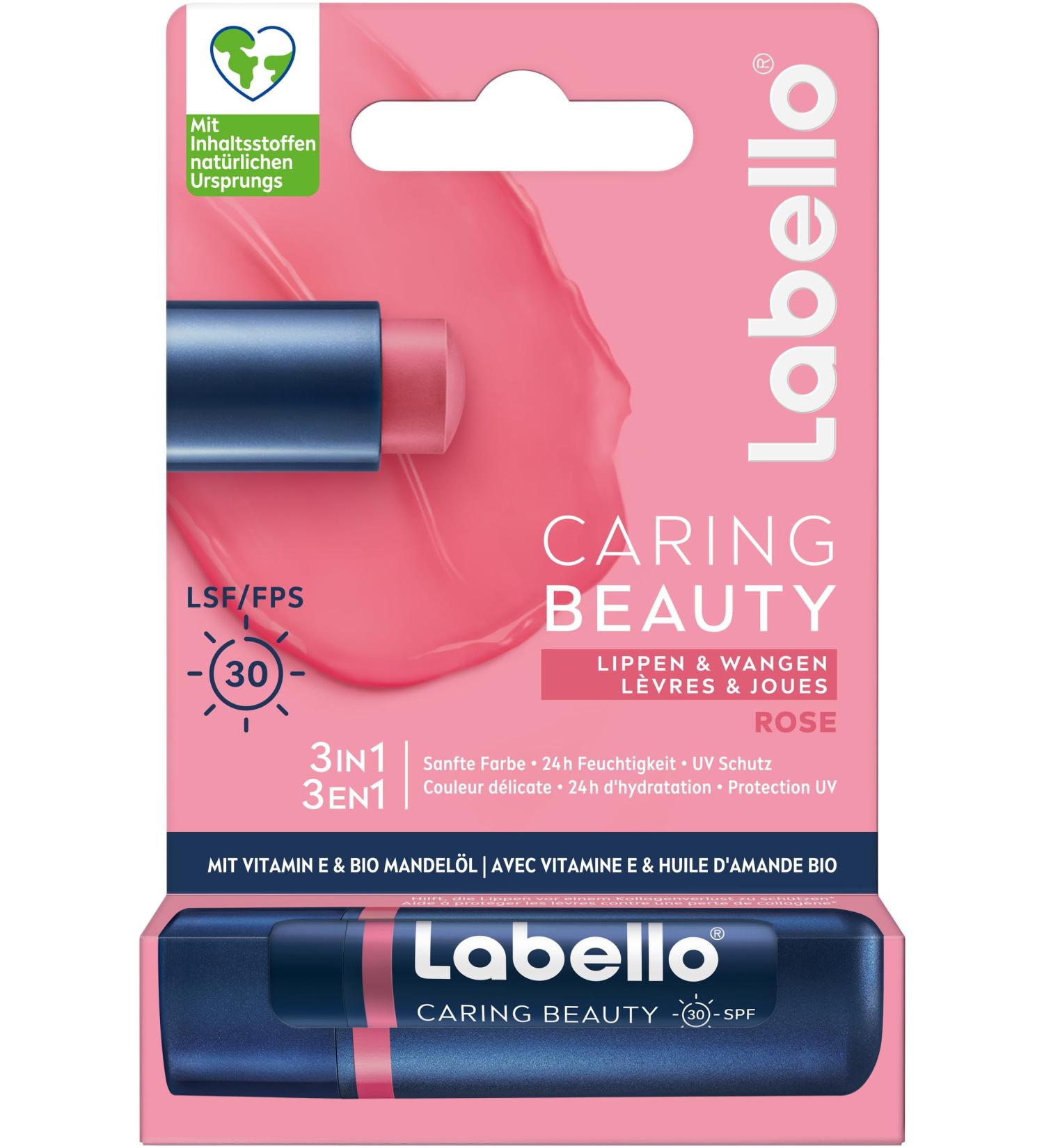 Labello Labello Caring Beauty Rose Lip Balm with colour and sun protection coloured lip care SPF 30 vitamin E and organic almond oil (4.8 g)