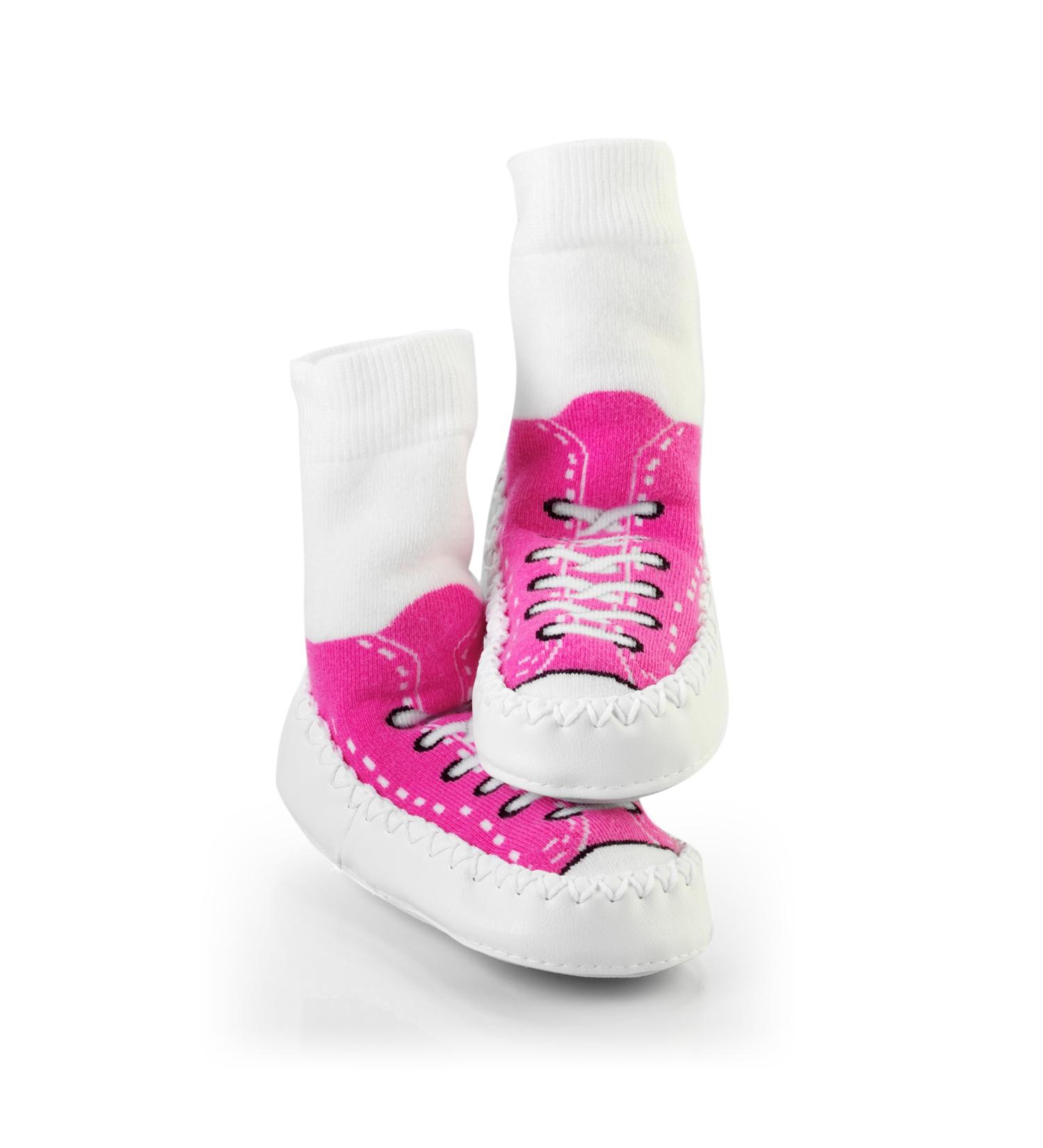 Mocc Ons moccasin washable leather sole slipper socks (18-24 Months Sneaker Fuchsia) 18-24 Months Sneaker Fuchsia