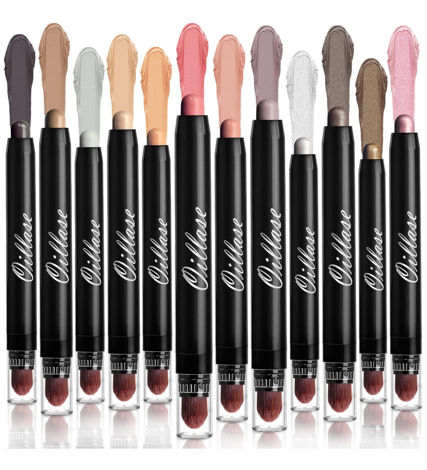 Oillase 12 PCS Eyeshadow Stick Set | Smudge Proof Primer Base | Glitter, Shimmer & Matte Shades | Cream Eye Shadow Pen with Soft Brush | Makeup Pencil Crayon - Buy Online on GoSupps.com