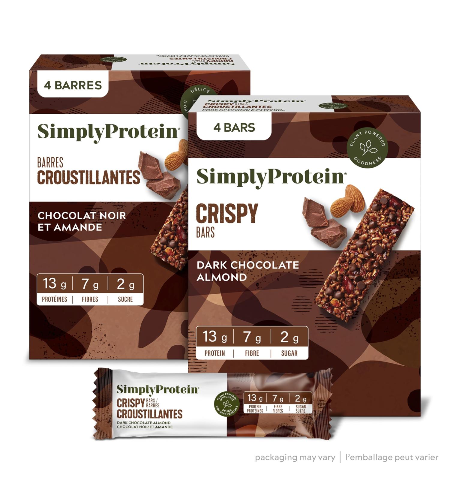 Simply Protein - Dark Chocolate Almond Crispy Bars - Plant Based Protein Bars - Low Carb Low Sugar High Fibre - 13g Protein 2g Sugar 7g Fibre - Vegan Gluten Free Non GMO Kosher - 4 Bars Dark Chocolate Almond 4 Count (Pack of 1) - Buy Online on GoSupps.com