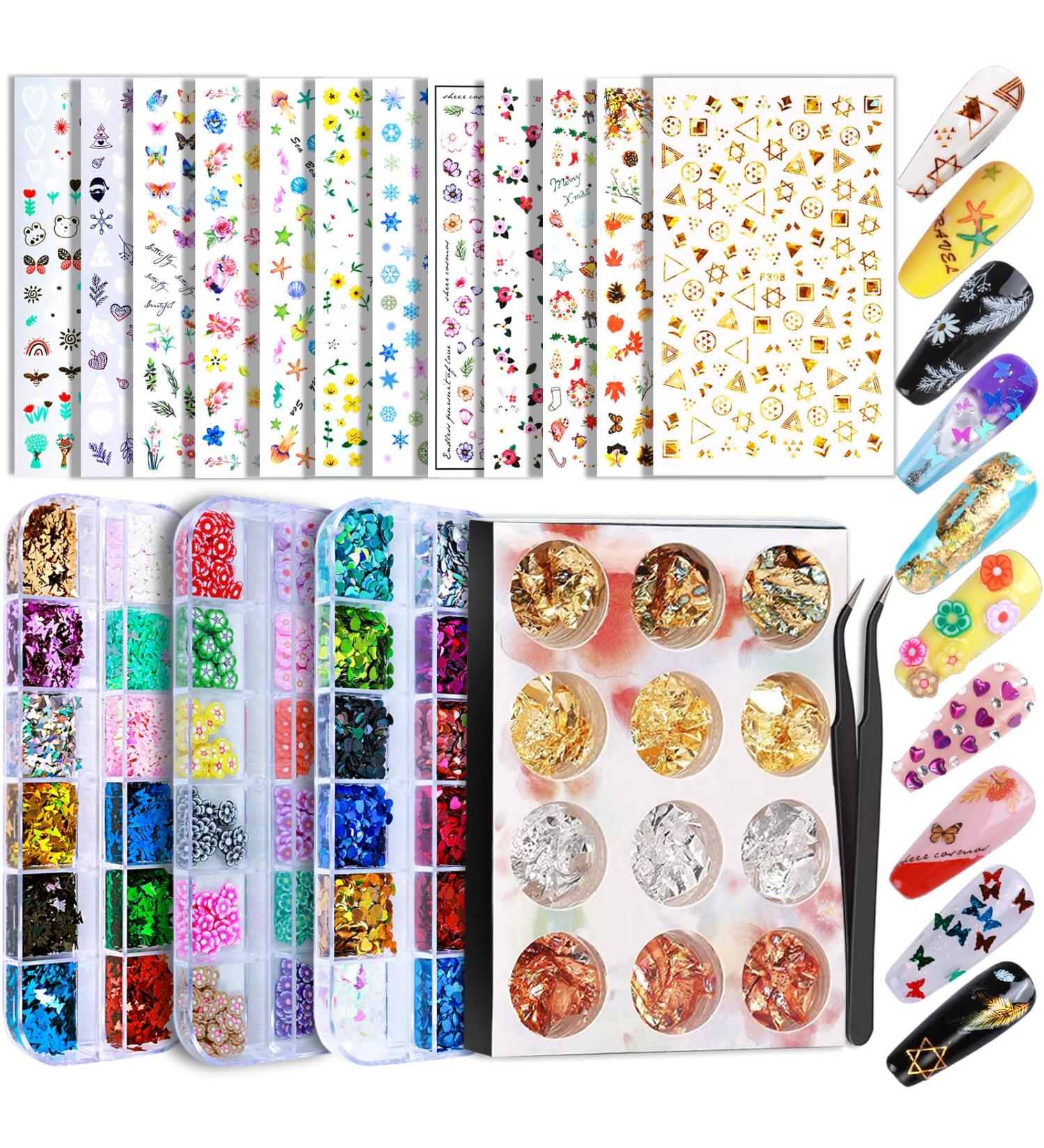 Teenitor 3D Flower Nail Stickers Set with Glitter, Butterfly, Heart Sequins, and Nail Foil - 12 Self-Adhesive Sheets for Nail Art Decoration - Buy Online on GoSupps.com