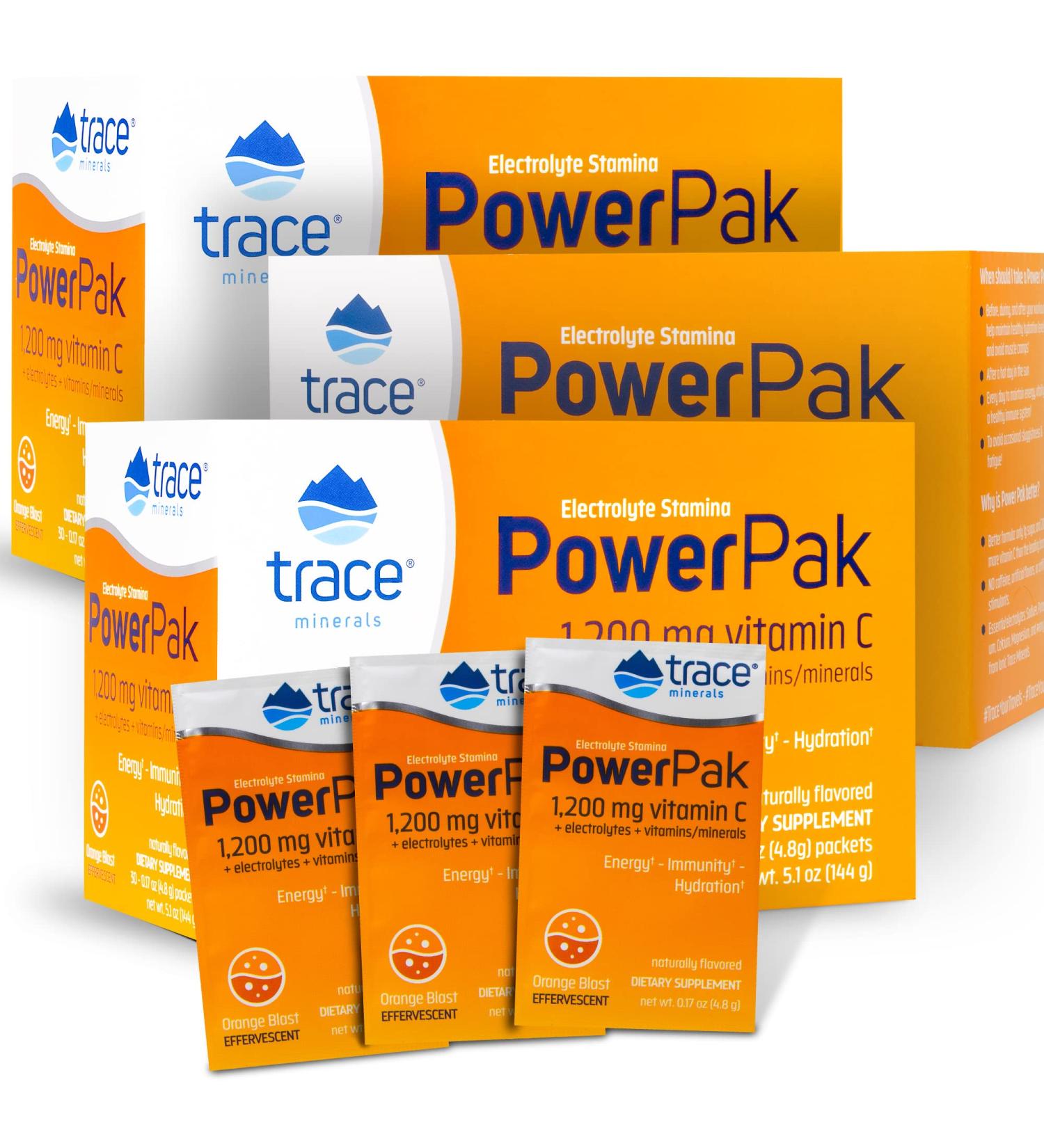 Trace Minerals Power Pak Electrolyte Powder | 1200 mg Vitamin C Zinc Magnesium | Boost Immunity & Hydration | Orange Blast | 90 Packets - Shop Now - Buy Online on GoSupps.com