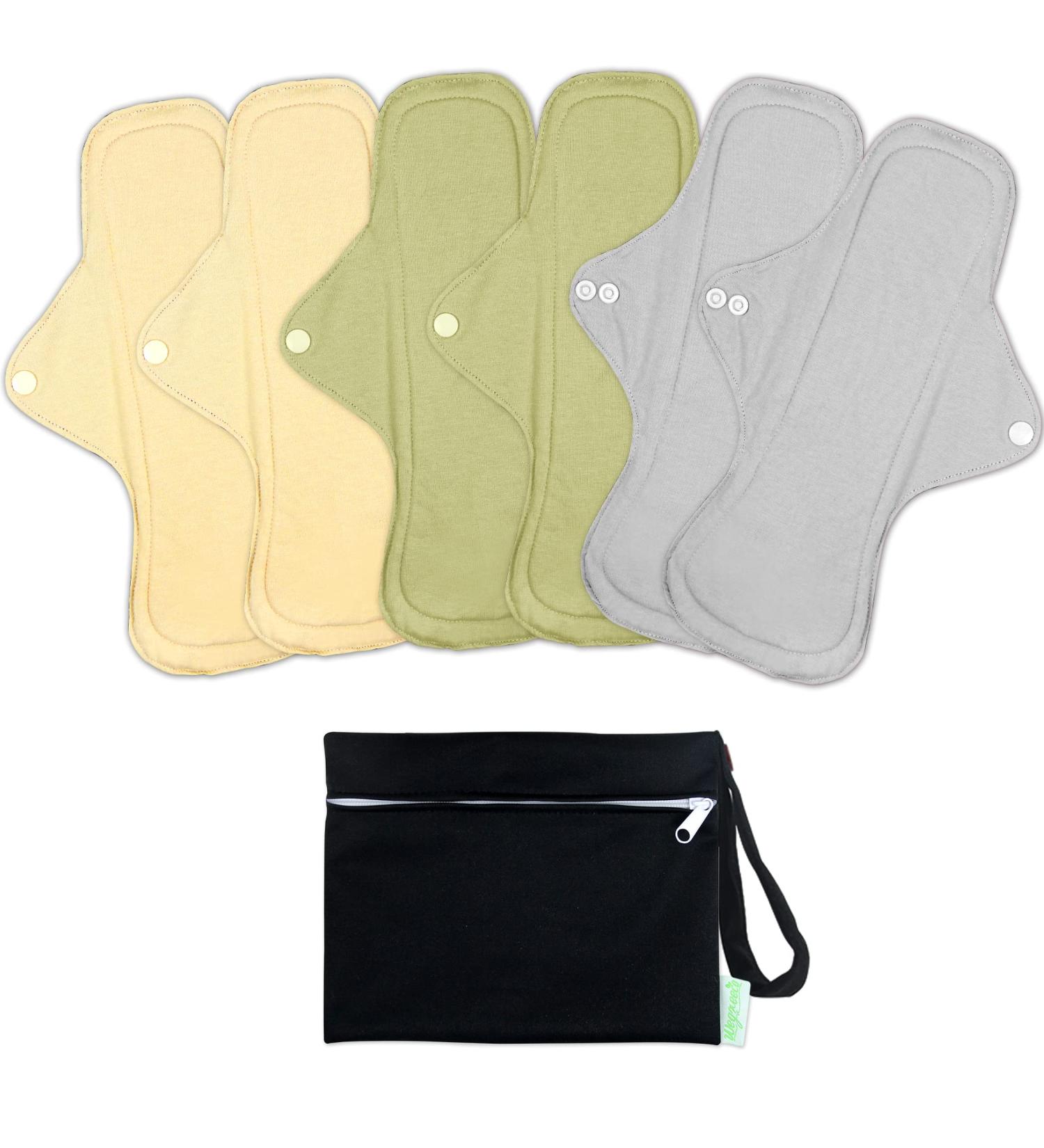 Wegreeco 6 Pcs Reusable Menstrual Pads - Ultra Absorbent Bamboo Fleece Cloth Pads for Period - Nonslip Panty Liners + Wet Bag - Mustard Yellow Grey Beige - Medium (Pack of 6) - Buy Online on GoSupps.com