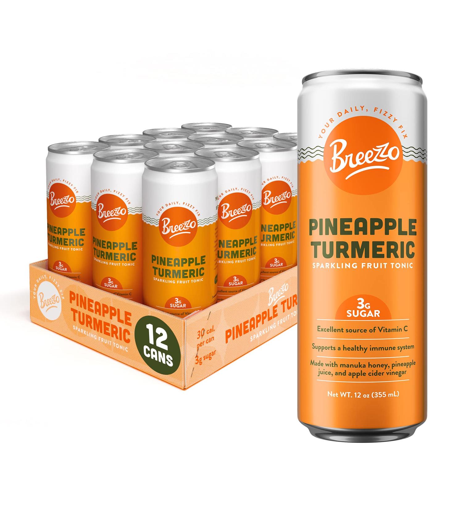 Breezzo Pineapple Turmeric Sparkling Fruit Tonic 12 Fl Oz (12 Pack) - Immunity Booster & Vitamin C Source - Functional Soda Alternative - Pineapple Turmeric Flavor - 12 Count - Buy Online on GoSupps.com