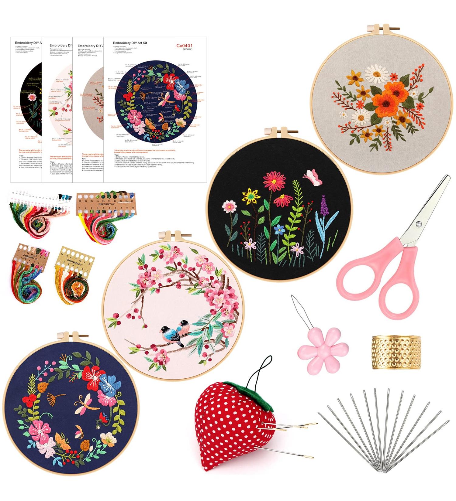 ZOCONE 4 Set Embroidery Starter Kit for Beginners - Cross Stitch Kits with Pattern, Hoop, and Tools - Needlepoint Kit for Adults - B-Birds+Garland Design - Buy Online on GoSupps.com