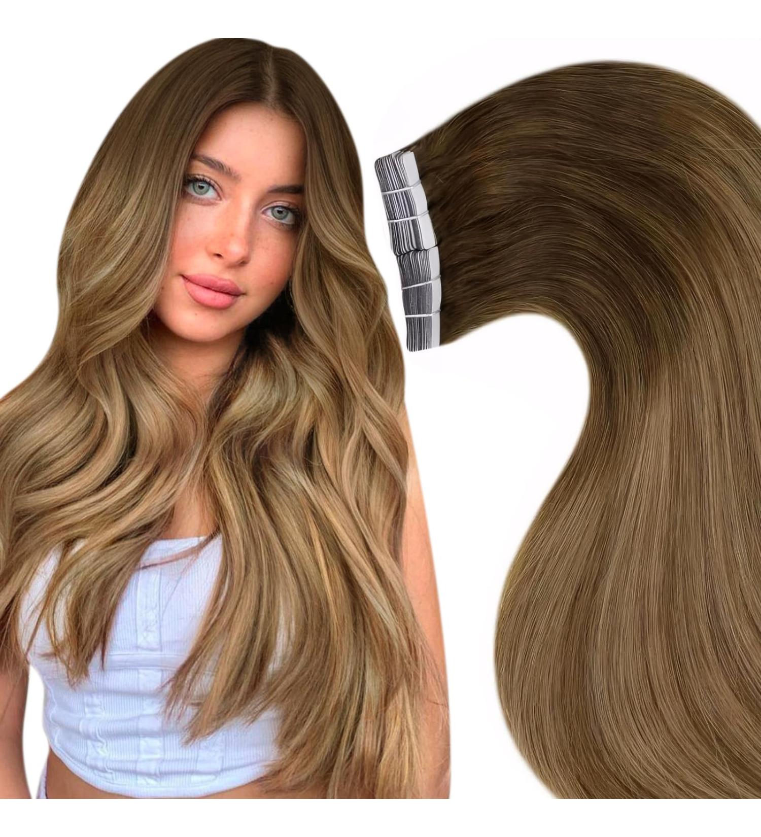 LAAVOO Real Hair Tape Extensions - Brown Balayage 40cm Skin Weft | 20PCs Ombre Tape Extensions #6/8/14 - Buy Online on GoSupps.com