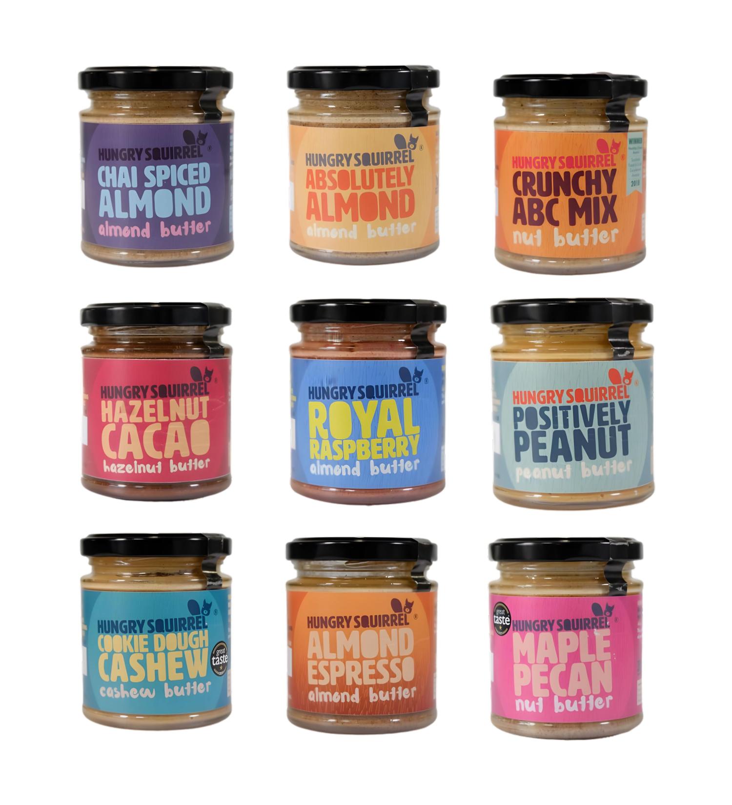 Hungry Squirrel Nut Butter Jar Pick N Mix - Choose From 9 Flavours | Chai Spiced Royal Raspberry Maple Pecan Cookie Dough Hazelnut Cacao Positively Absolutely - Pack of 2 x 180g 180 g (Pack of 2) - Buy Online on GoSupps.com