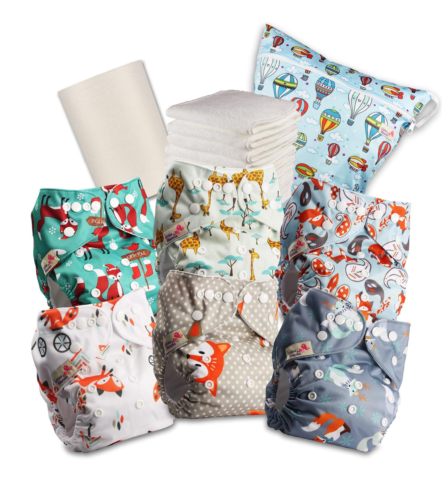 Littles and Bloomz Baby Reusable Pocket Nappy Cloth Diaper Standard Popper 6 Nappies + 6 Inserts 1 Disposable Bamboo Liner 1 Wet Nappy Bag 618PM6 Design18