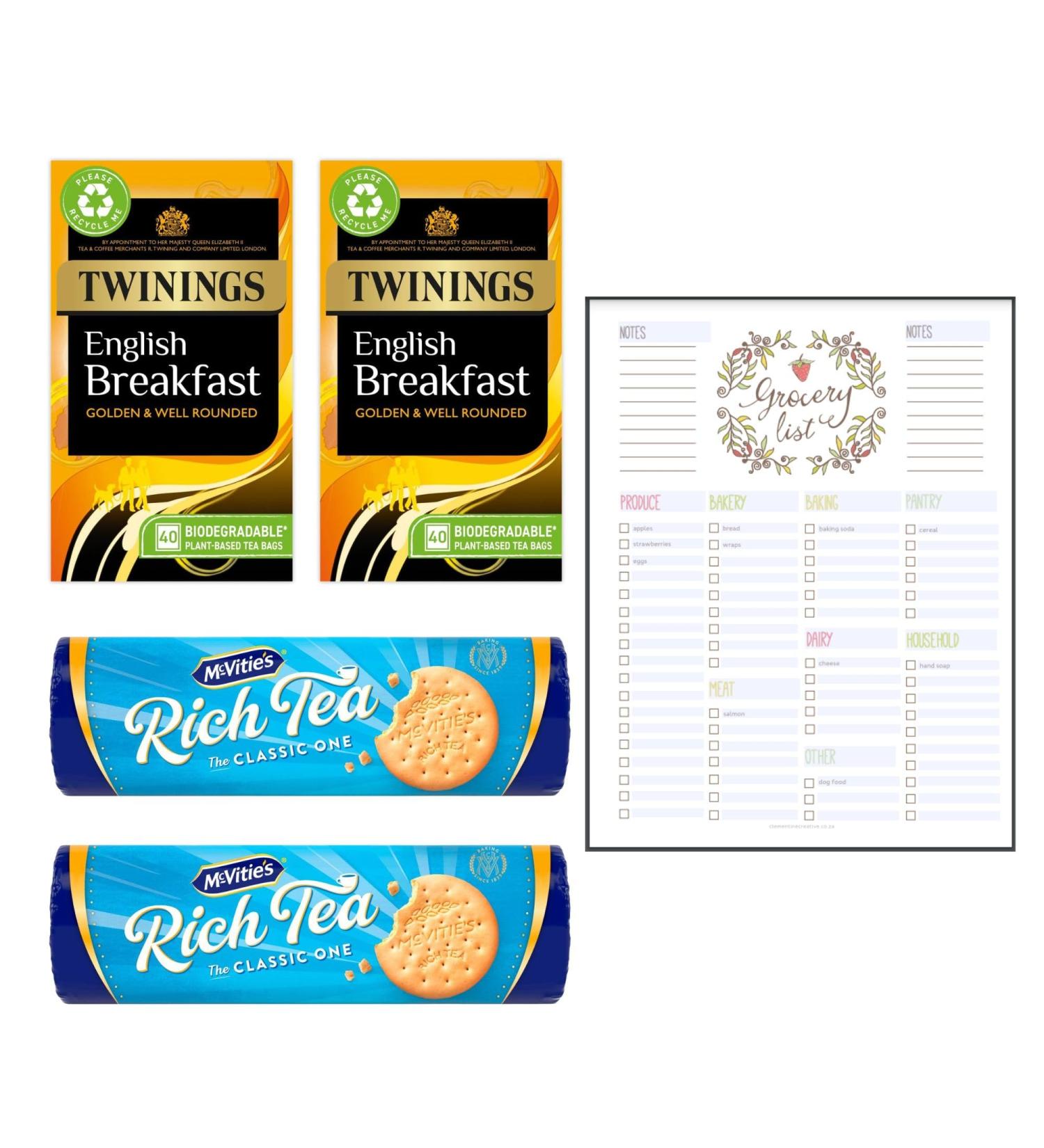 Breakfast Tea Time Bundle which Contains Twinings English Breakfast 40 Tea Bags (2) and McVitie's Rich Tea Classic Biscuits 300g (2) Including Grocery List Card - Buy Online on GoSupps.com