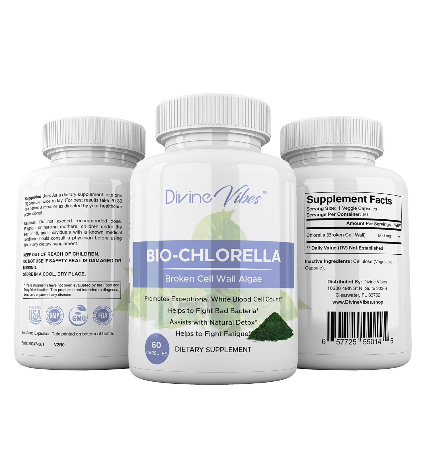 Divine Vibes Chlorella Spirulina Powder Capsules - 500 mg of Purest Raw Vegan Protein Green Superfood Broken Cell Wall 60 Count - Made in USA - Buy Online on GoSupps.com