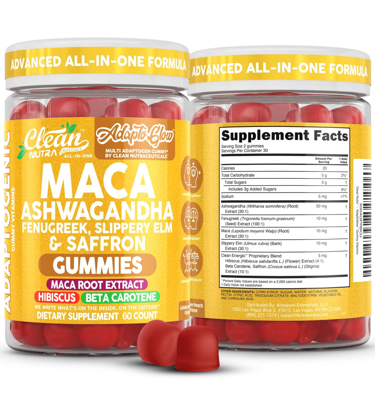 Clean Nutra Maca Root Gummies Ashwagandha Fenugreek Slippery Elm Saffron Hibiscus Beta Carotene Vitamin A for Women Macaroot Extract 60 Gummies Vegan Adaptogen Supplement Gummy Non GMO - Buy Online on GoSupps.com