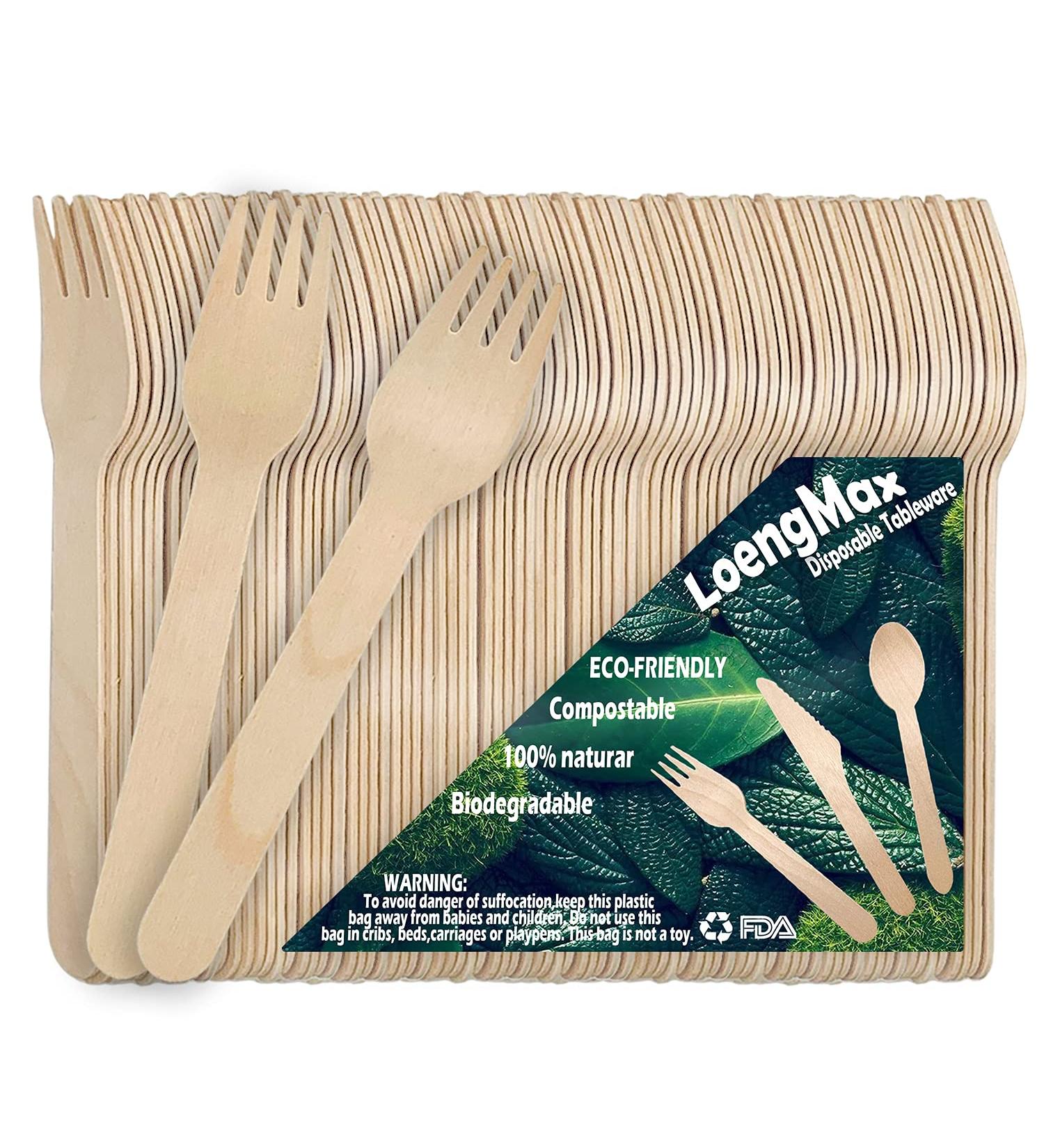 LoengMax Disposable Wooden Forks - 100PCS 6 Length - Eco Friendly & Compostable - Natural Wood Cutlery - Buy Online on GoSupps.com