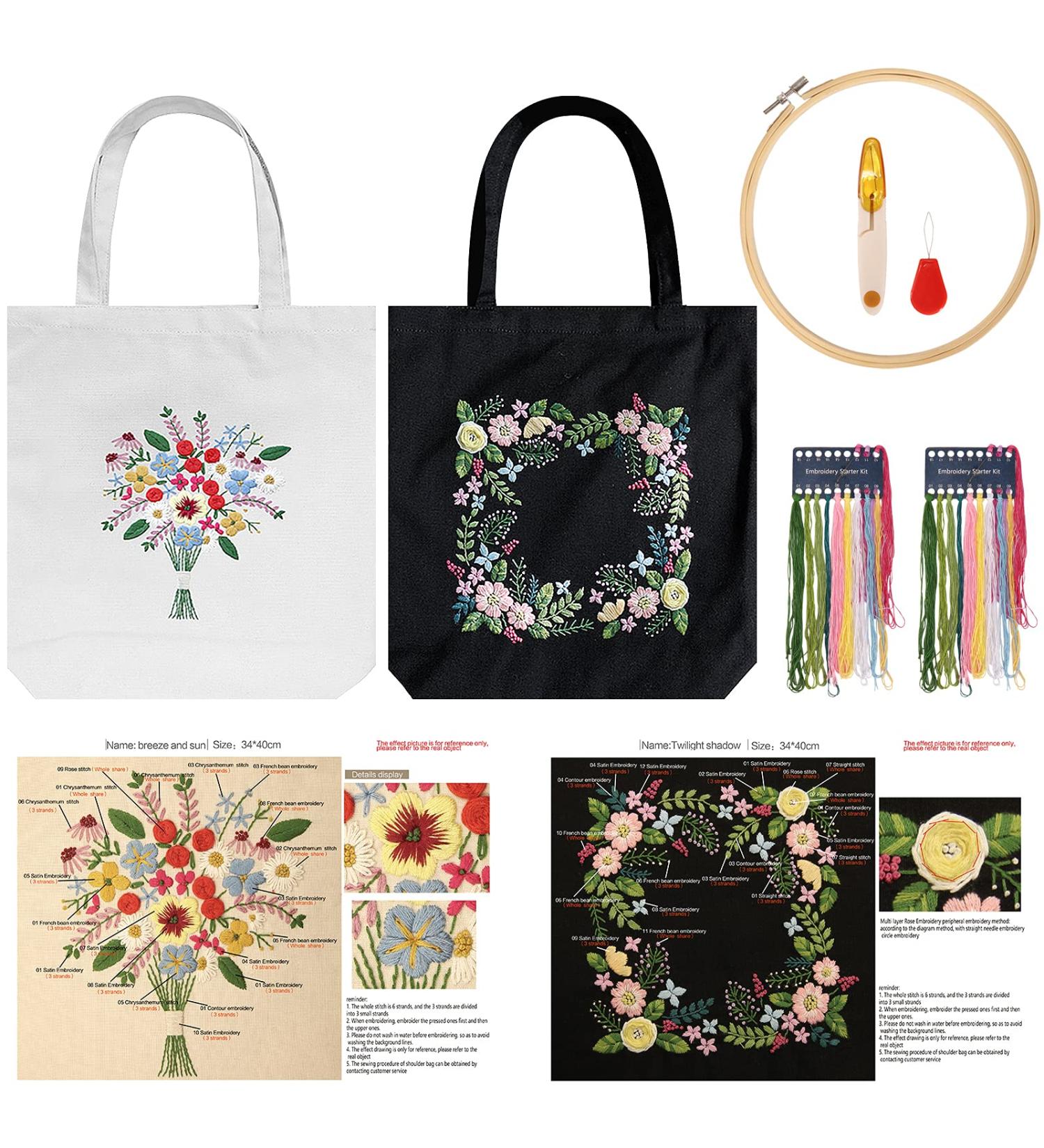 Homiton 2 Pack Embroidery Kit Canvas Tote Bag for Beginners - DIY Personalized Cross Stitch Kit with Bamboo Hoops and English Instructions (Black White) - Buy Online on GoSupps.com