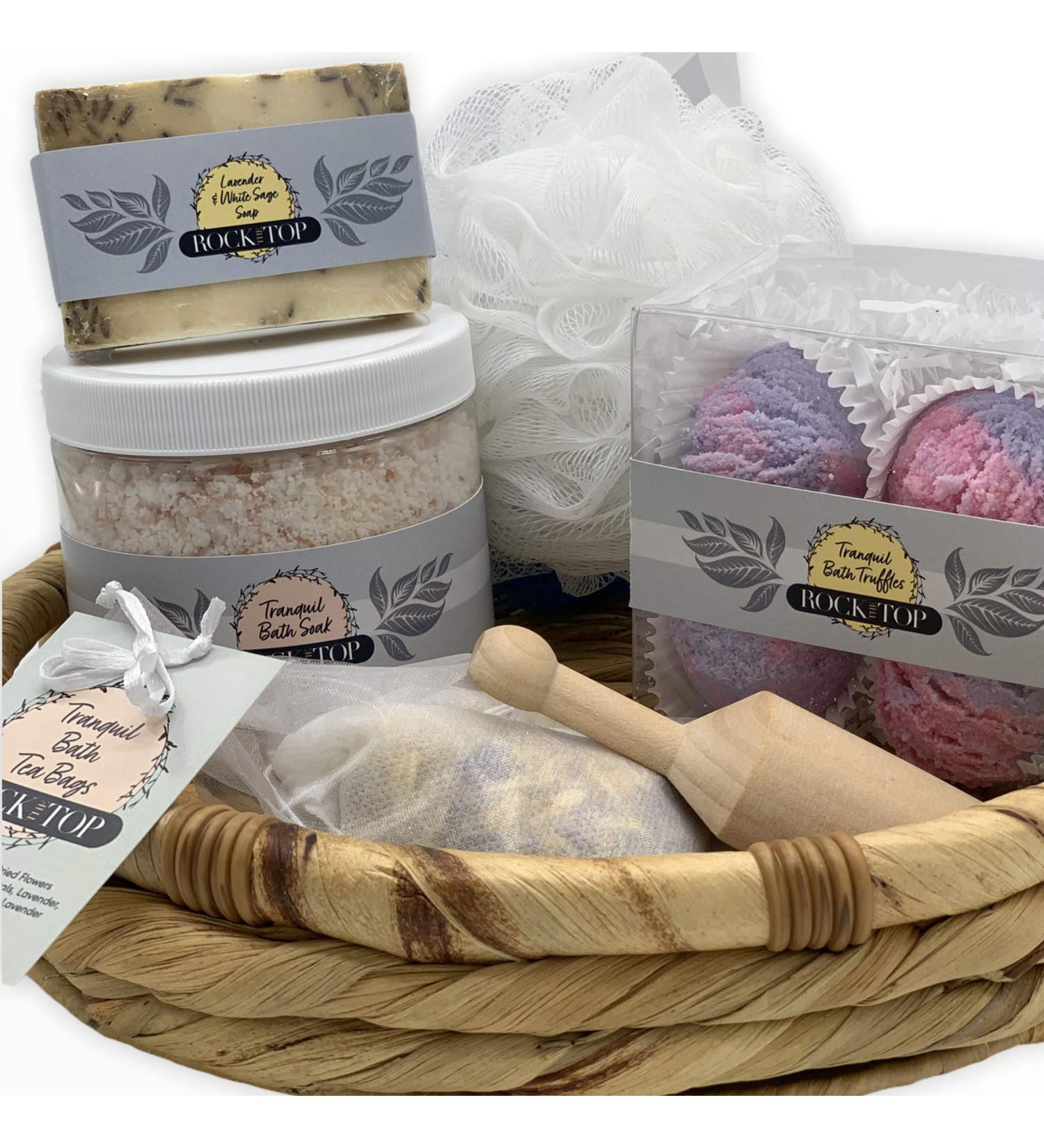 Spa Gift Basket for Women: Anxiety Relief Set with Mineral Bath Soak, Soap, Bomb Truffles, Tea - Lavender, Chamomile, White Sage - Buy Online on GoSupps.com