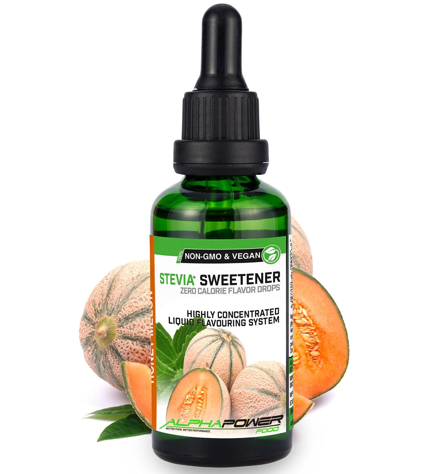 Alphapower Food Stevia Drops - Sugar-Free Honey Melon Flavor | 100% Natural Aroma & Sweetener for Water Muesli Desserts Smoothies | 50ml - Buy Online on GoSupps.com
