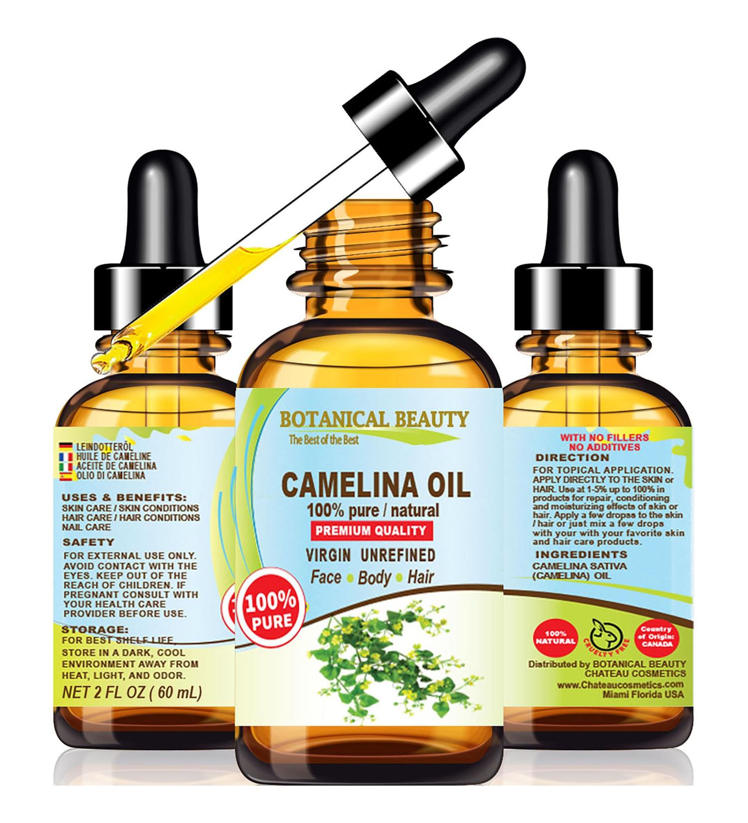 Botanical Beauty CAMELINA OIL 100% Pure Natural VIRGIN UNREFINED Cold-Pressed Carrier Oil 2 Fl oz 60 ml for Face Skin Body Hair Lip Nails. Rich in Vitamin E Omega 3 - Buy Online on GoSupps.com