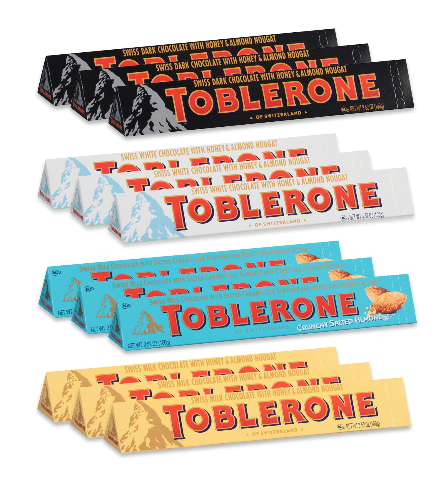 Toblerone Swiss Chocolate Variety Pack - Milk, Dark, White, Salted Caramelized Almond - Easter Chocolate - 3.52oz (12 Pack) - Buy Online on GoSupps.com