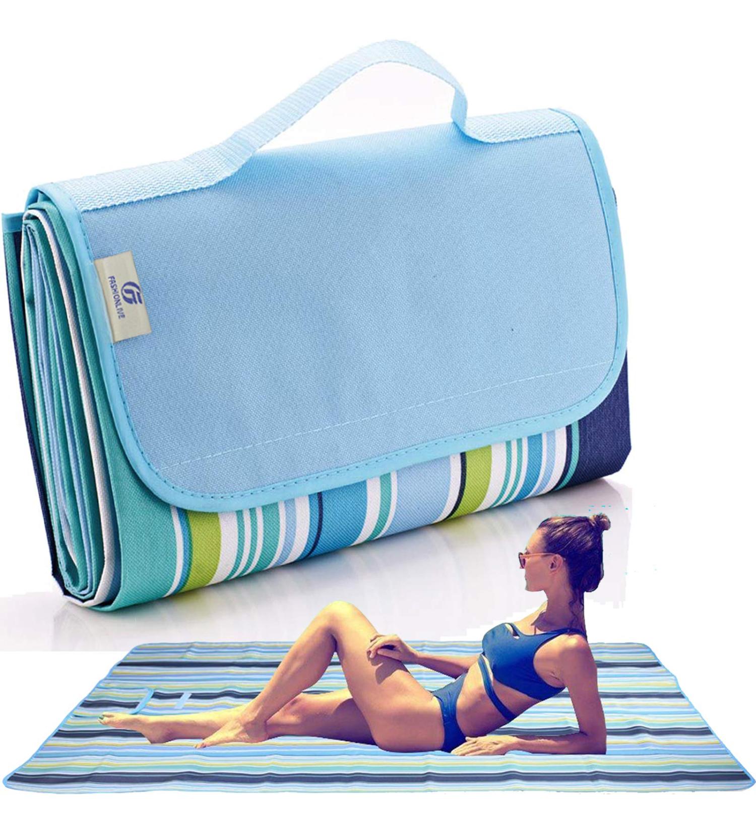 Extra Large Beach Blanket - Sandproof, Waterproof Outdoor Picnic Mat in Blue Line Design - Buy Online on GoSupps.com