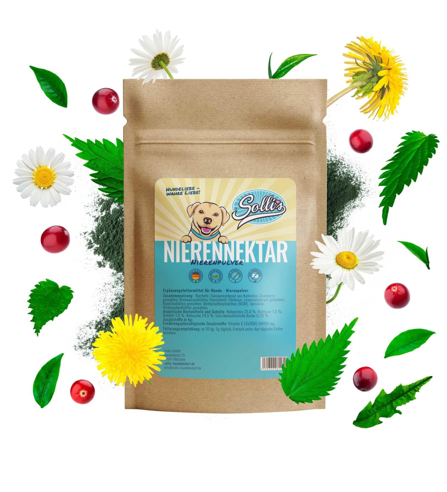 Sollis kidney nectar - kidney powder for dogs |Supports kidney function & detoxification |Natural ingredients for urinary tract health |Promotes well -being & vitality |100g of renal nectar 100g