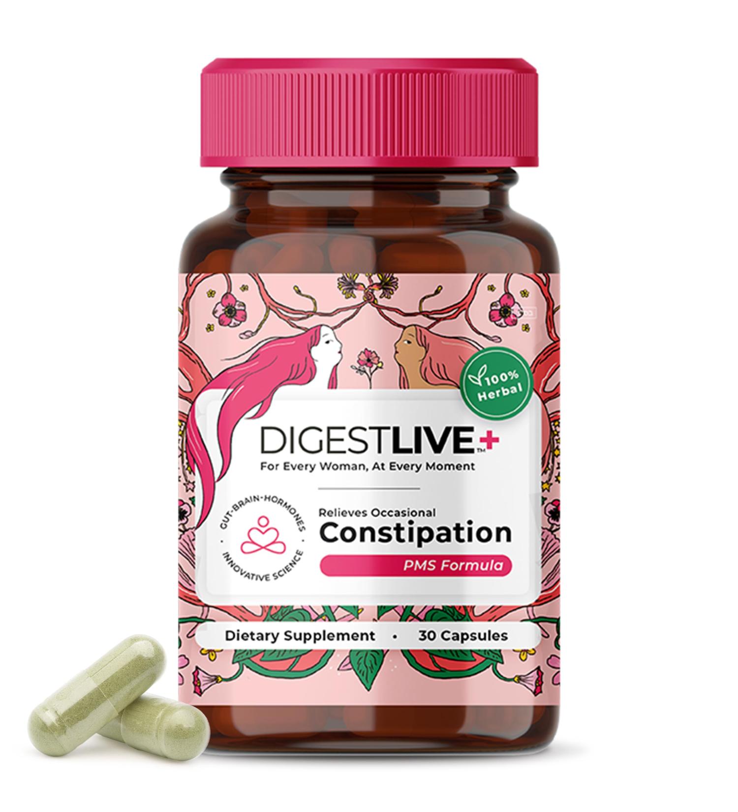 DigestLive PMS Constipation Relief Laxative for Women 30 Capsules 100% Herbal Stool Softener - Female Gentle Natural Colon Cleanse Detox Bloating & Gas Fast-Acting Vegan Gluten & GMO-Free - Buy Online on GoSupps.com
