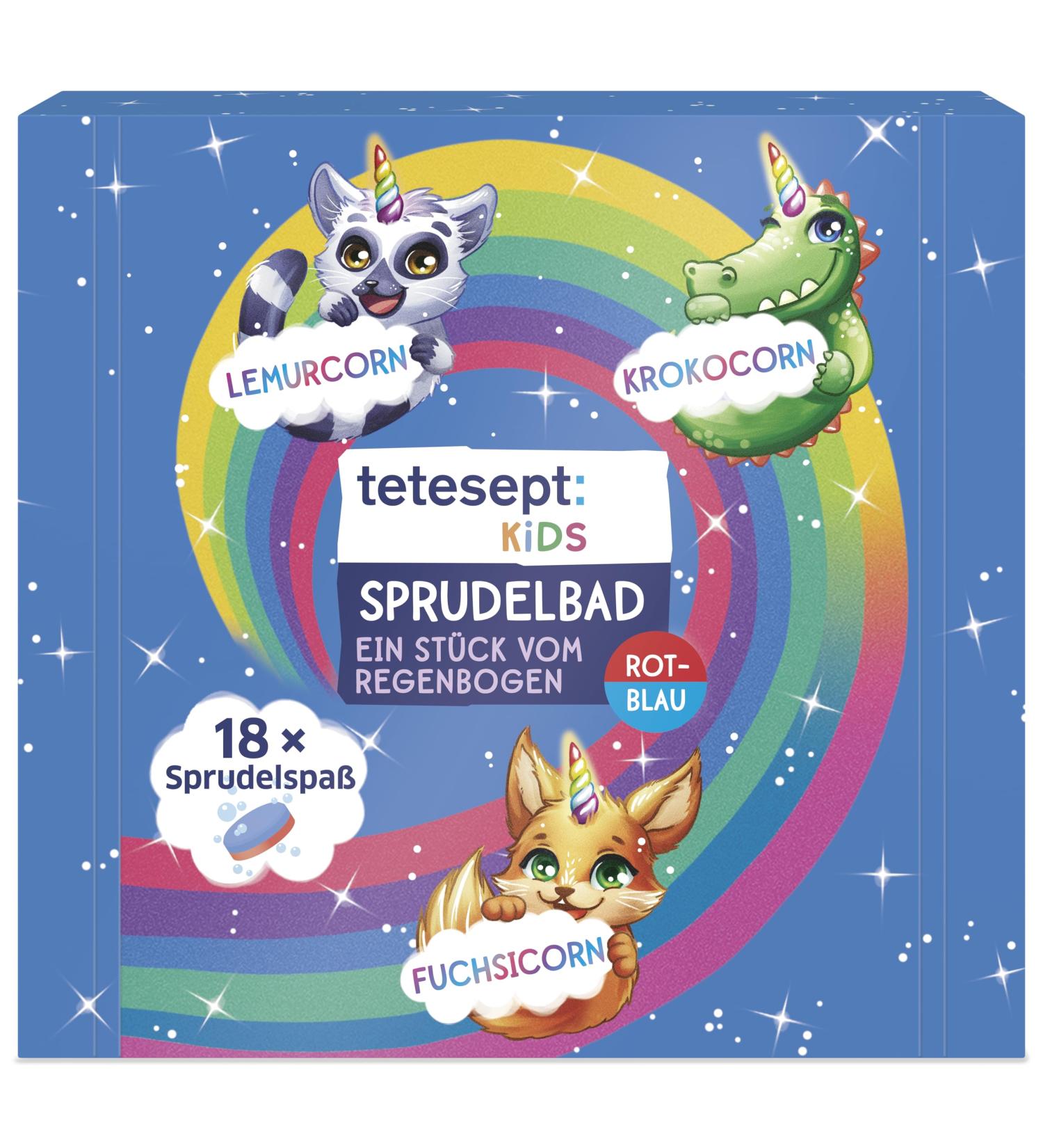 tetesept Rainbow Sparkling Bath for Children - 18 x 20 g - Two-tone tablets to color water purple - Children's bath additive with exciting fizzy foam - Buy Online on GoSupps.com
