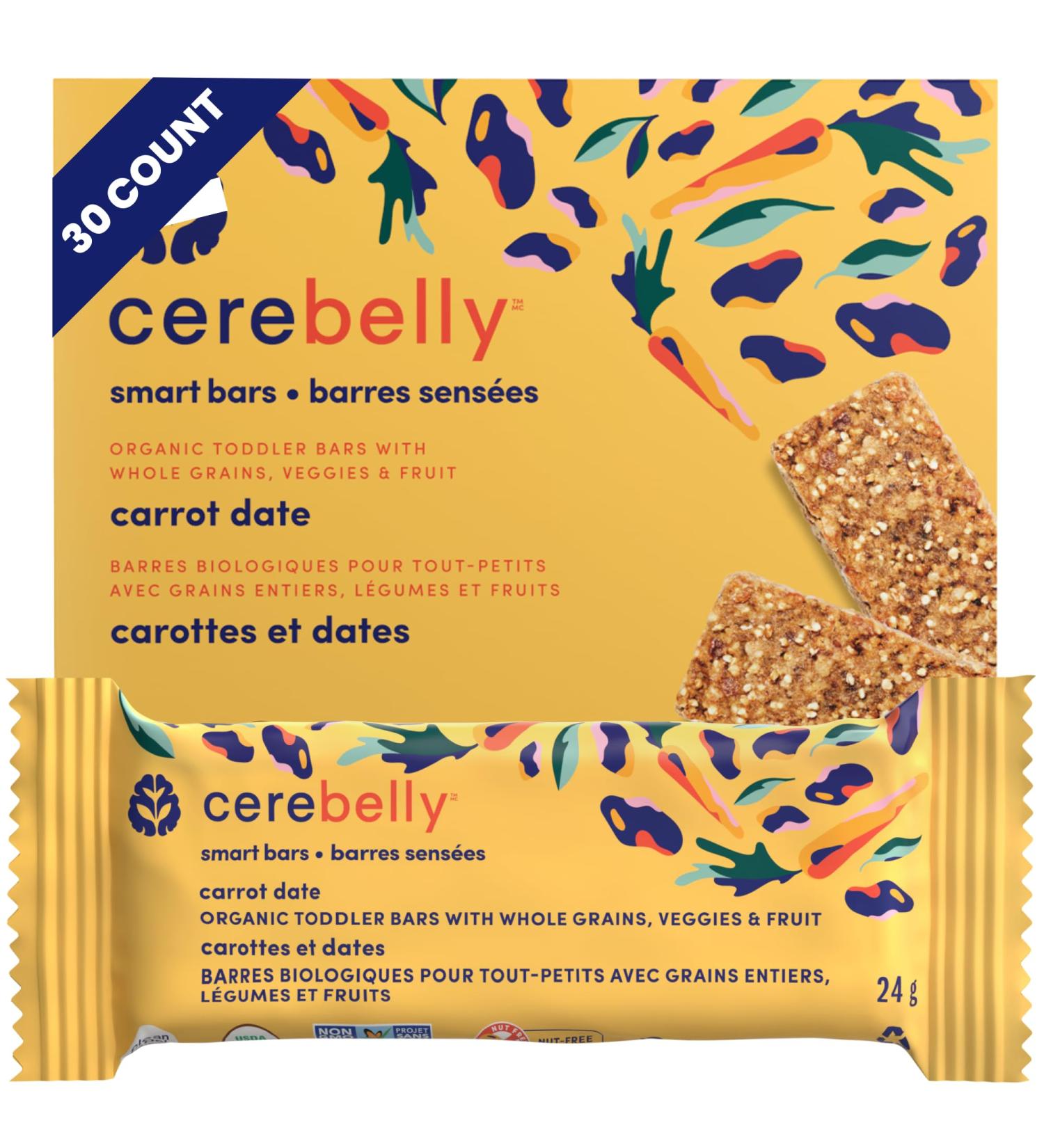Cerebelly Organic Carrot Date Smart Bar Toddler Snack Bars 30-Pack Carton | 16 Nutrients Non-GMO No Added Sugar Clean Label Project | Barres sens es carotte et datte emballage de 30 - Buy Online on GoSupps.com