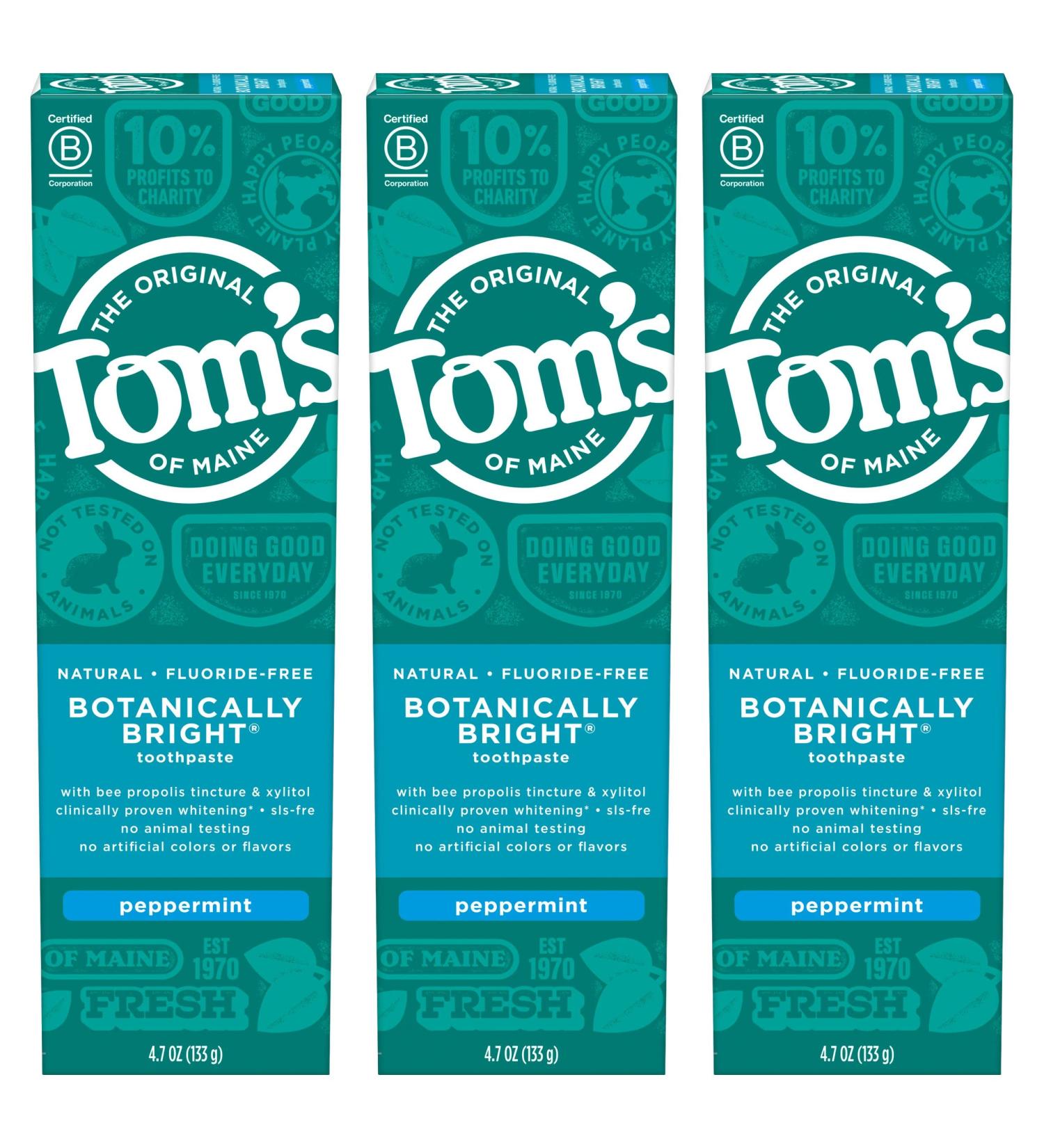 Tom's of Maine Botanically Bright Peppermint Toothpaste 4.7oz 3-Pack - Fluoride-Free, SLS-Free - Buy Online on GoSupps.com