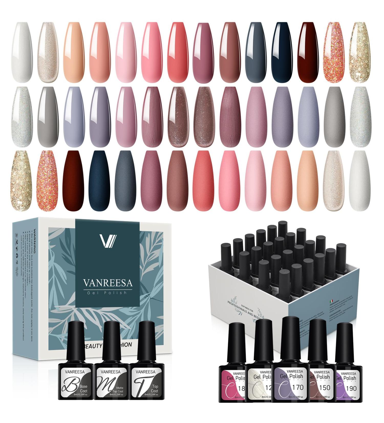 VANREESA Gel Nail Polish Set - 21 Colors Pink Nude Red Brown Glitter Classic Soak Off UV Gel Kit with Base Top Coat | Nail Art Gifts for Women - Dazzling Declining Sun - Buy Online on GoSupps.com