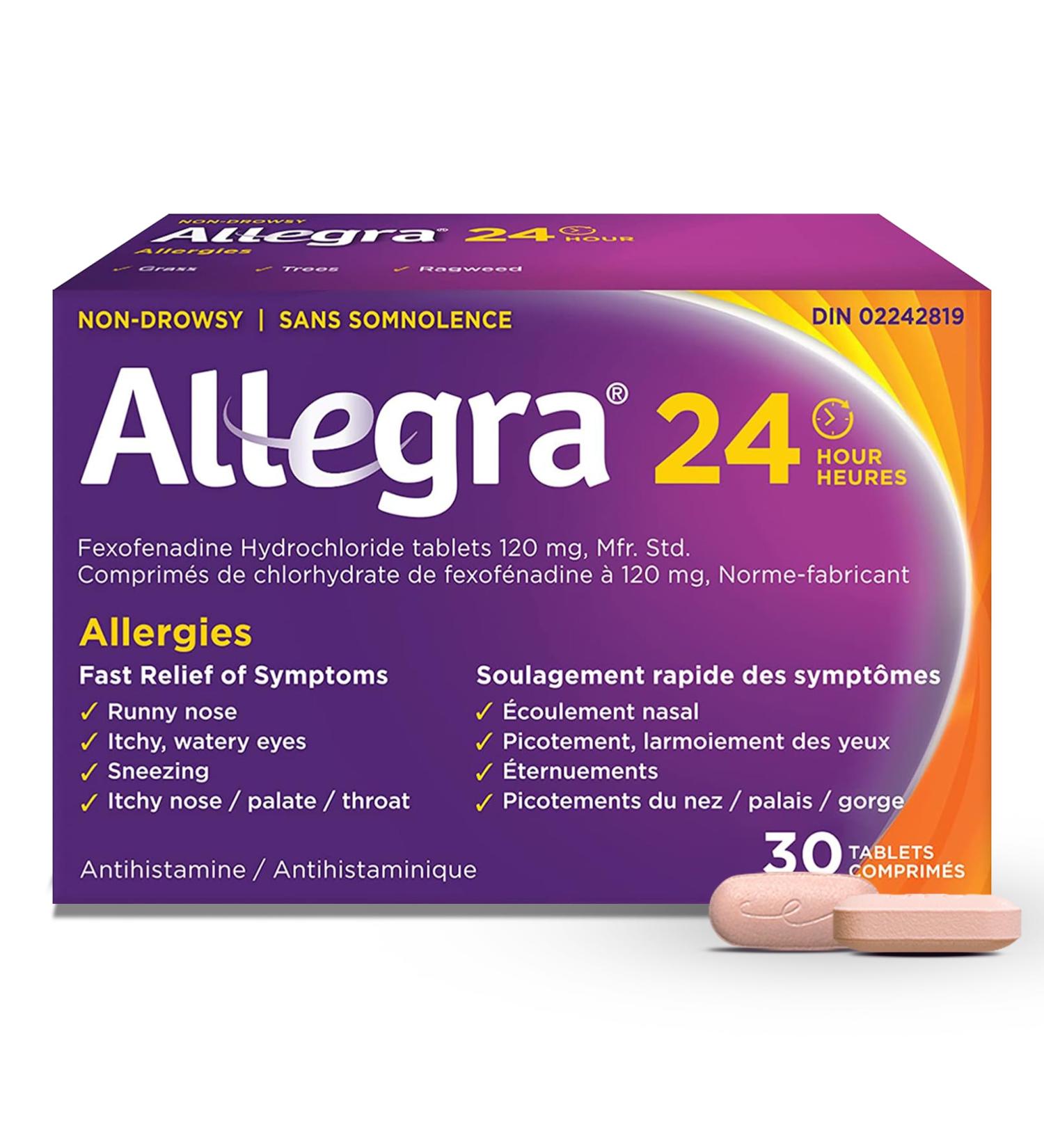 Allegra 24 Hour Allergy Medication Non Drowsy Fast and Effective Multi-Symptom Allergy Relief Medicine for Sneezing Watery Eyes and Itchy Throat Fexofenadine Hydrochloride 120 mg 30 Tablets 30 Count (Pack of 1) - Buy Online on GoSupps.com