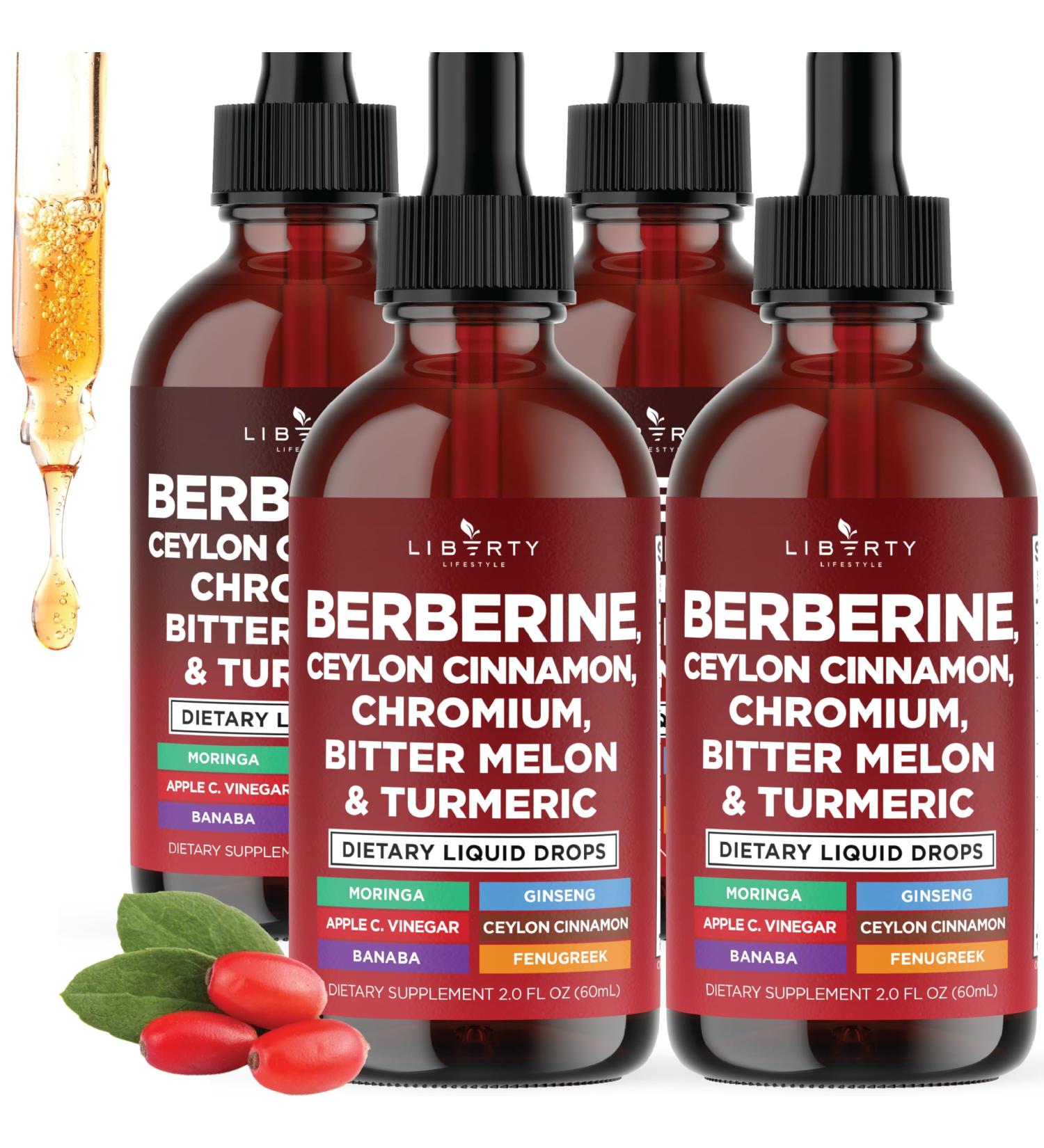 Berberine with Ceylon Cinnamon Supplement Liquid Drops + Bitter Melon Extract Glucomannan Gymnema Chromium Turmeric Panax Ginseng Moringa- 8 OZ 8 Fl. Oz (Pack of 4) - Buy Online on GoSupps.com