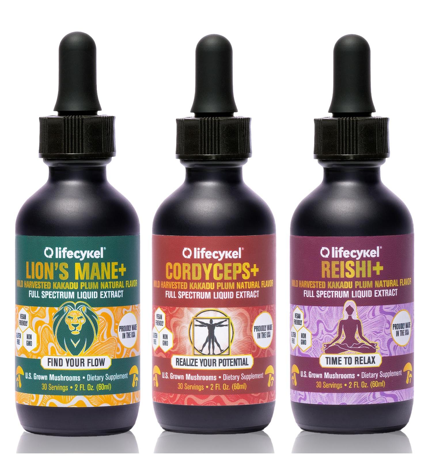 Life Cykel Professional Athletes Pack - Reishi Lion's Mane & Cordyceps Mushroom Extract- Full-Spectrum Mushroom Tincture for Energy Focus and Immune Health- Vegan Non-GMO Formula - Buy Online on GoSupps.com